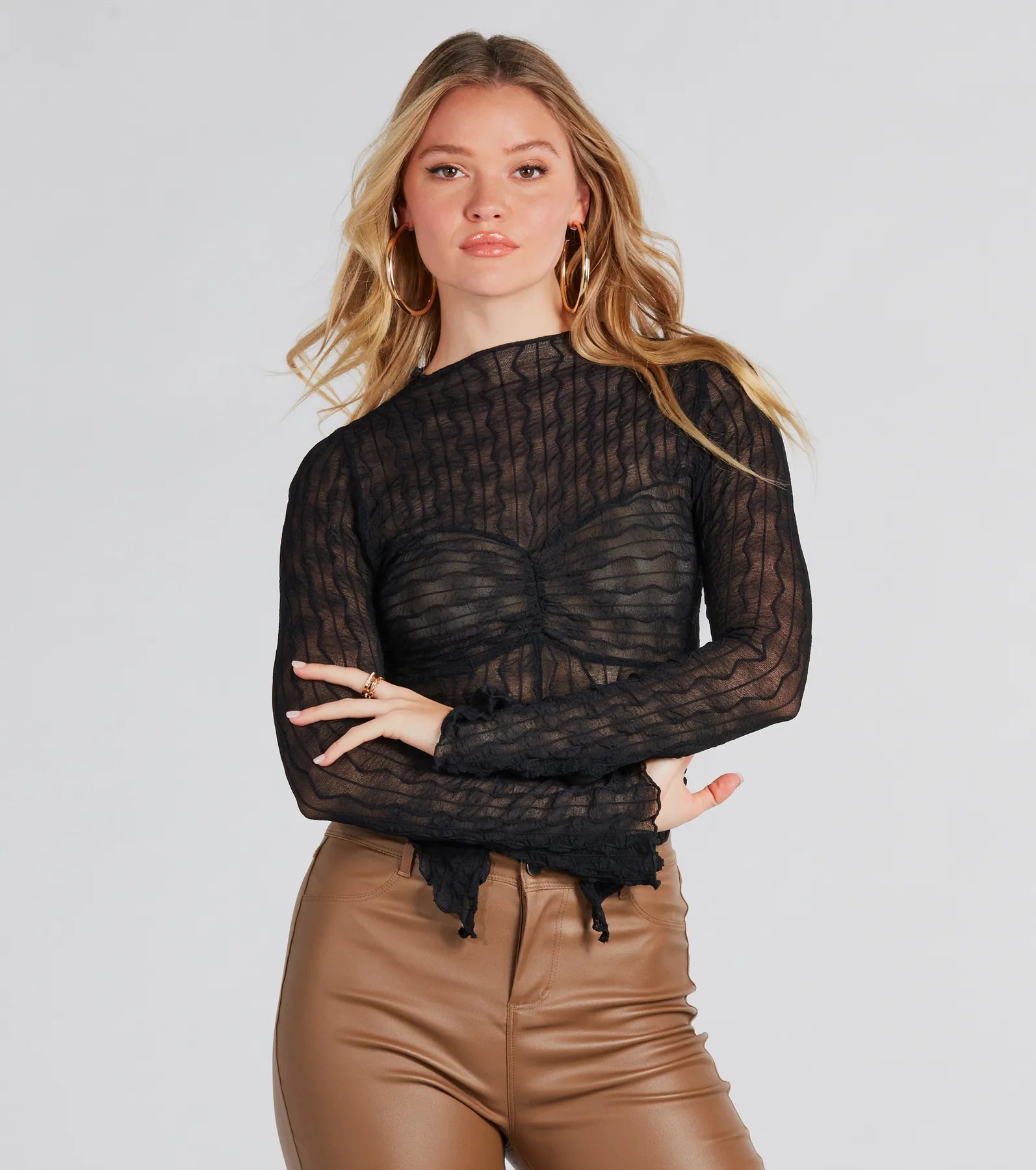 Premium Sheer Texture Mock Neck Crop Top - Effortless Chic Style