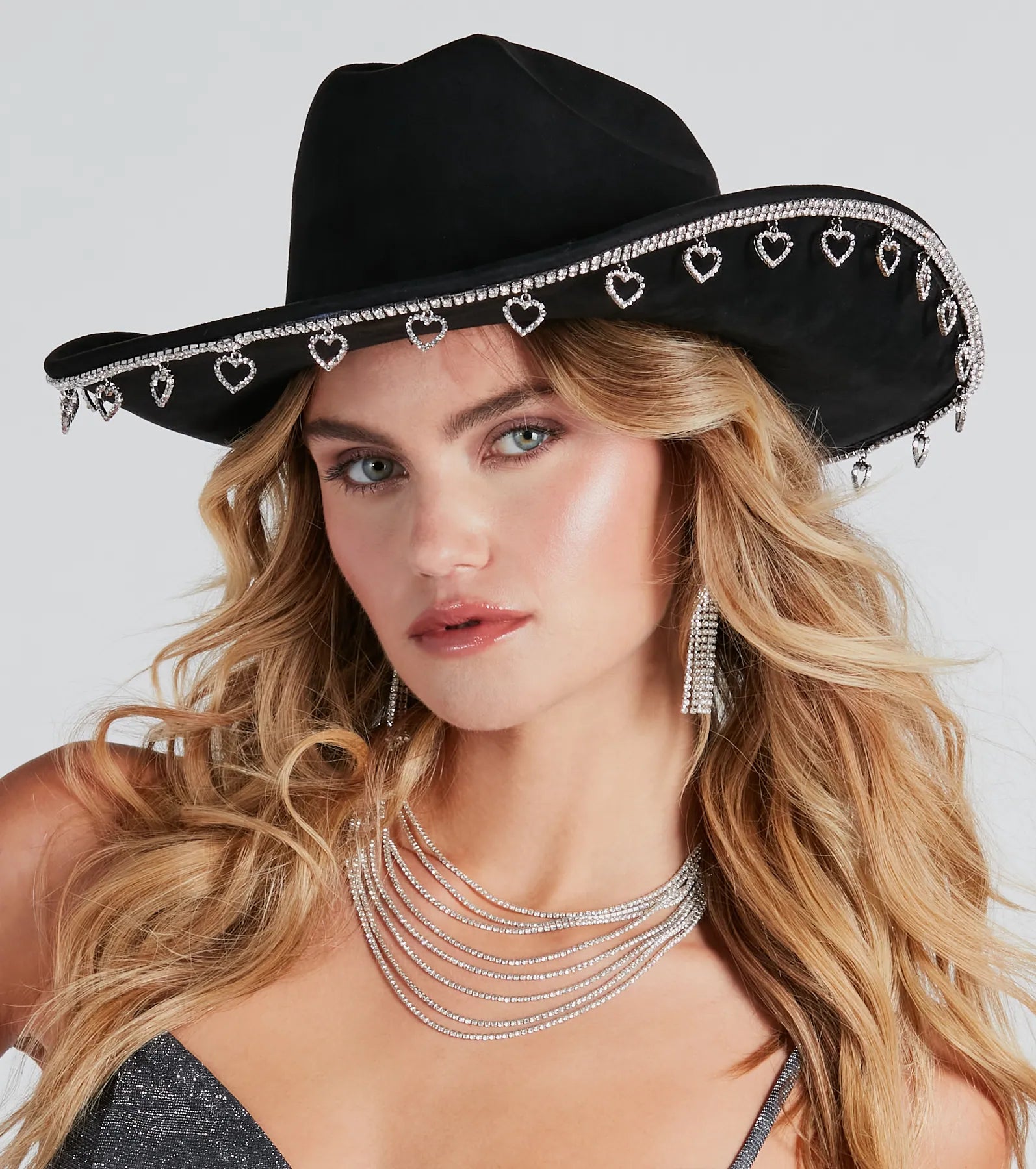 Premium Rhinestone Cowboy Hat with Heart Charms - Ultimate Country Style