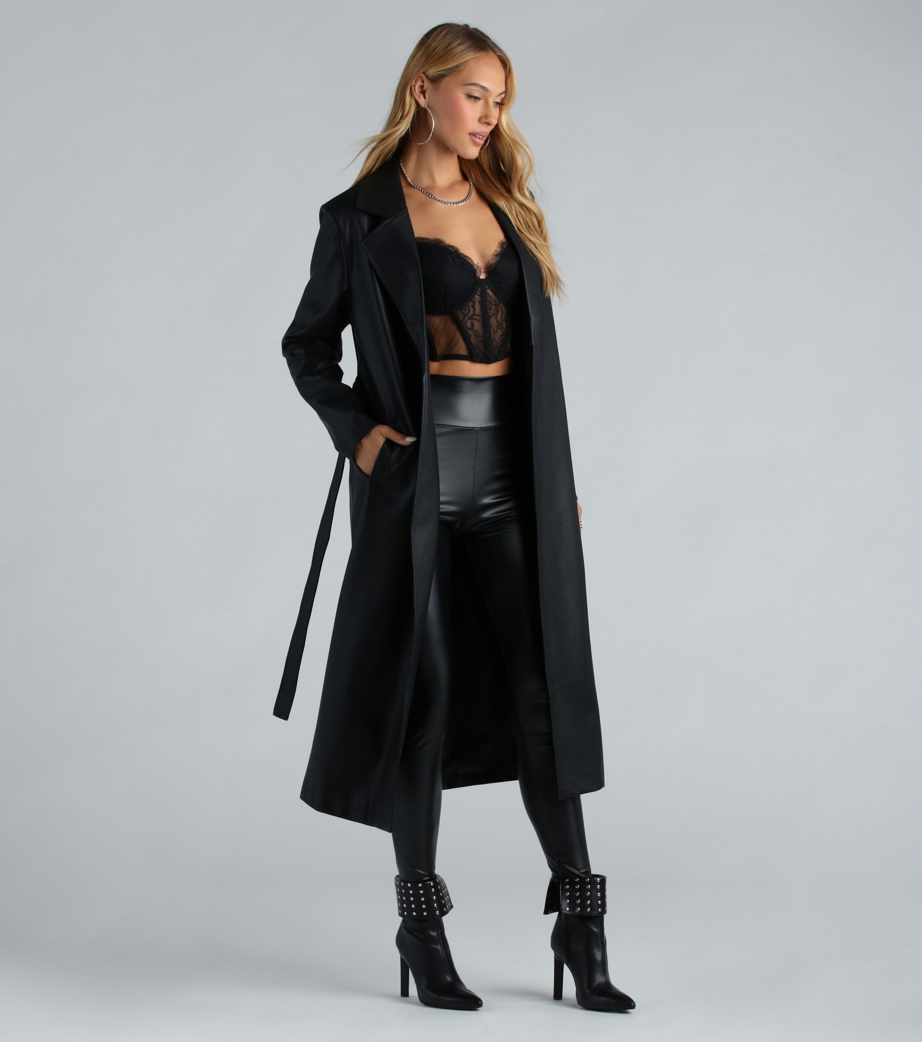 Premium Faux Leather Belted Trench Coat - Ultimate City Chic Style