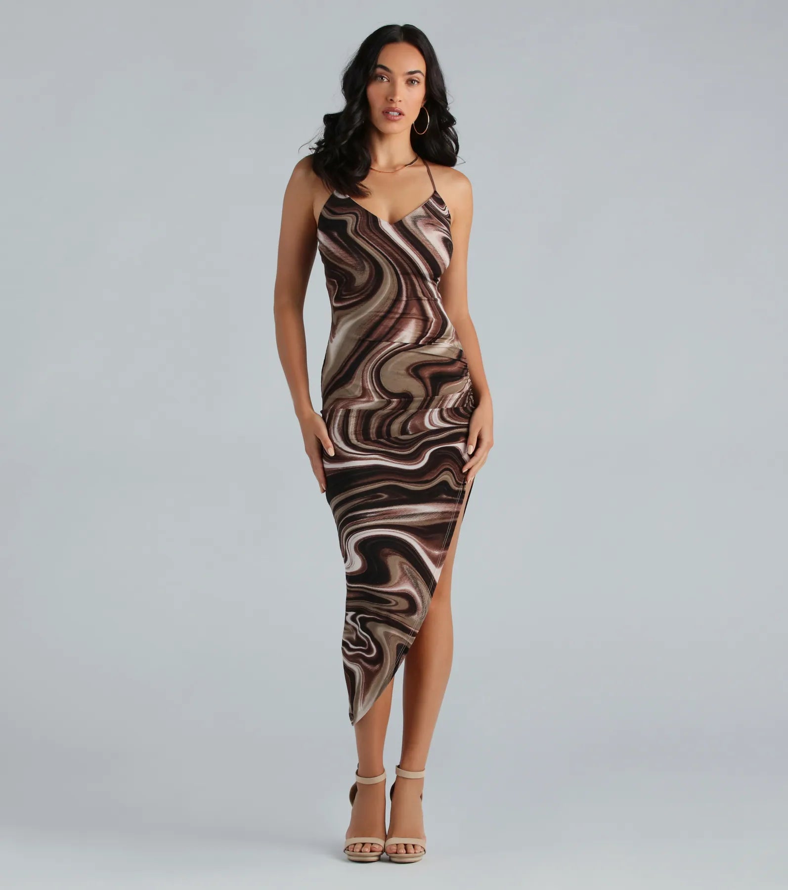 Premium Marble Print Asymmetrical Midi Dress - Ultimate Night Out Essential