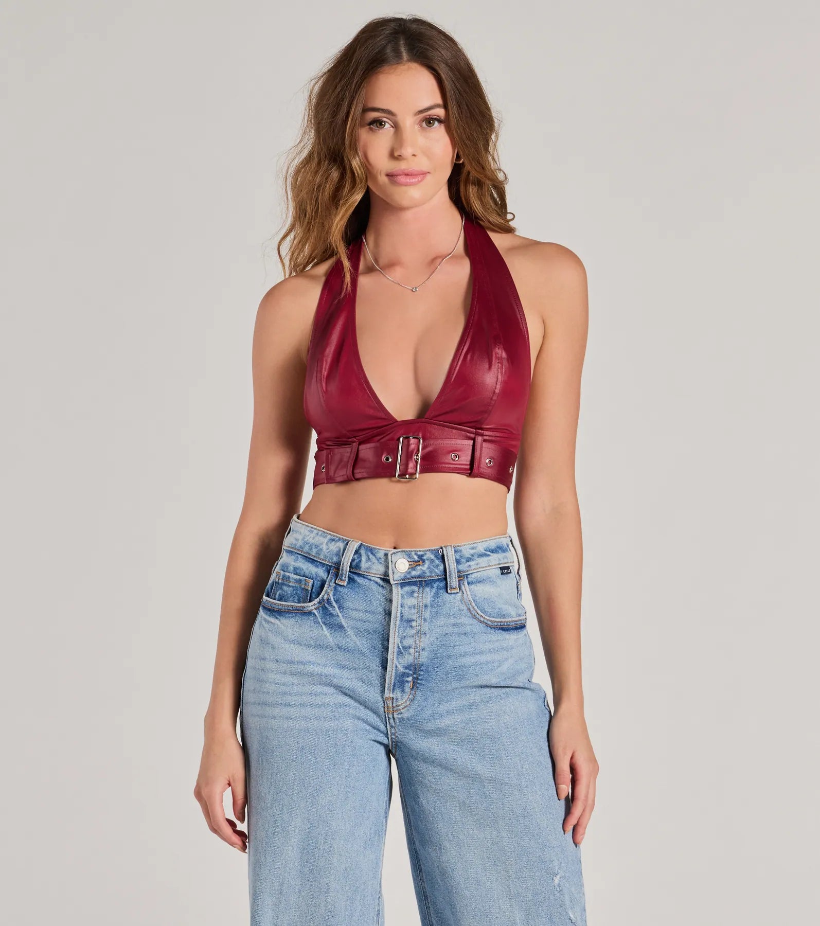 Ultimate Sultry Vibe Faux Leather Plunge Halter Top