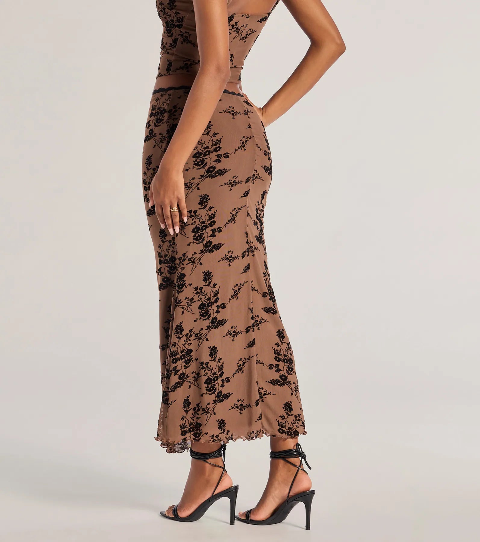 Premium Romantic Aura Flocked Floral Mesh Maxi Skirt