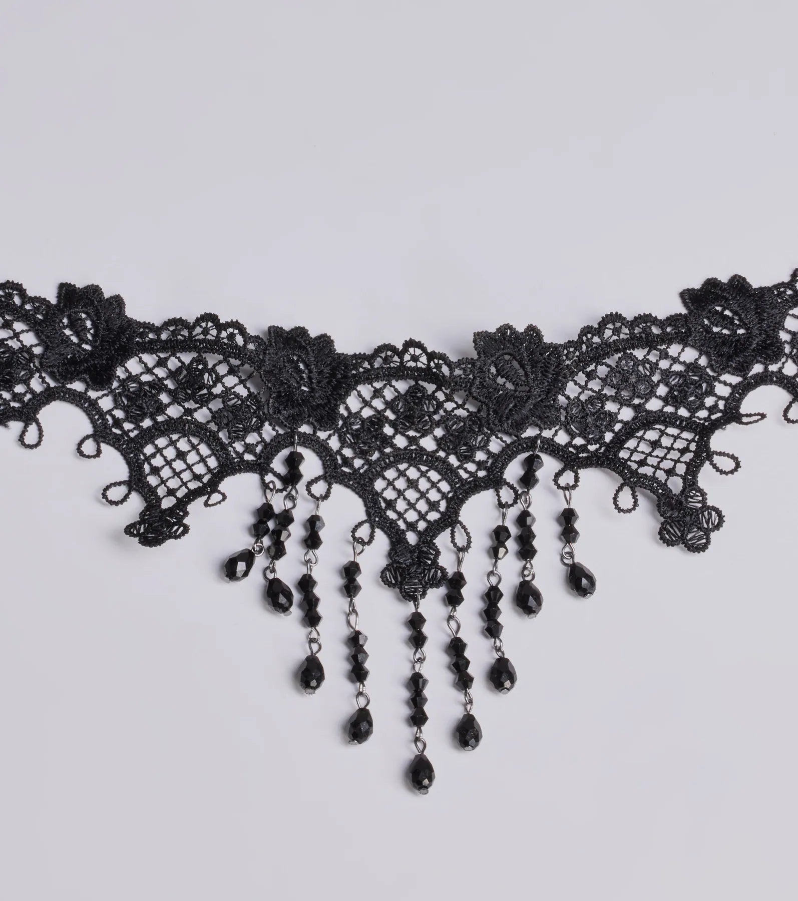 Elegant Lace Crochet Choker with Beaded Fringe