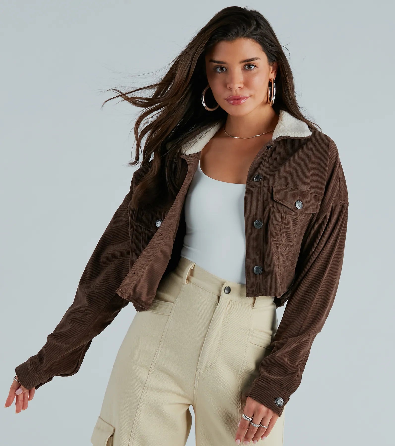 Premium Corduroy Crop Jacket with Faux Sherpa Collar