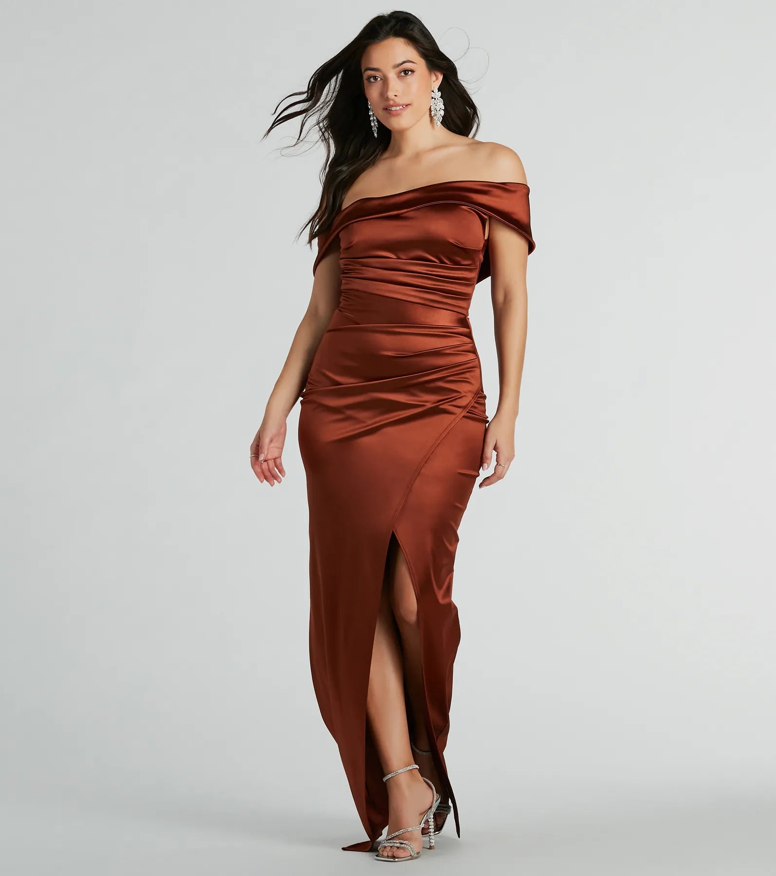 Maeva Premium Satin Off-The-Shoulder Evening Gown