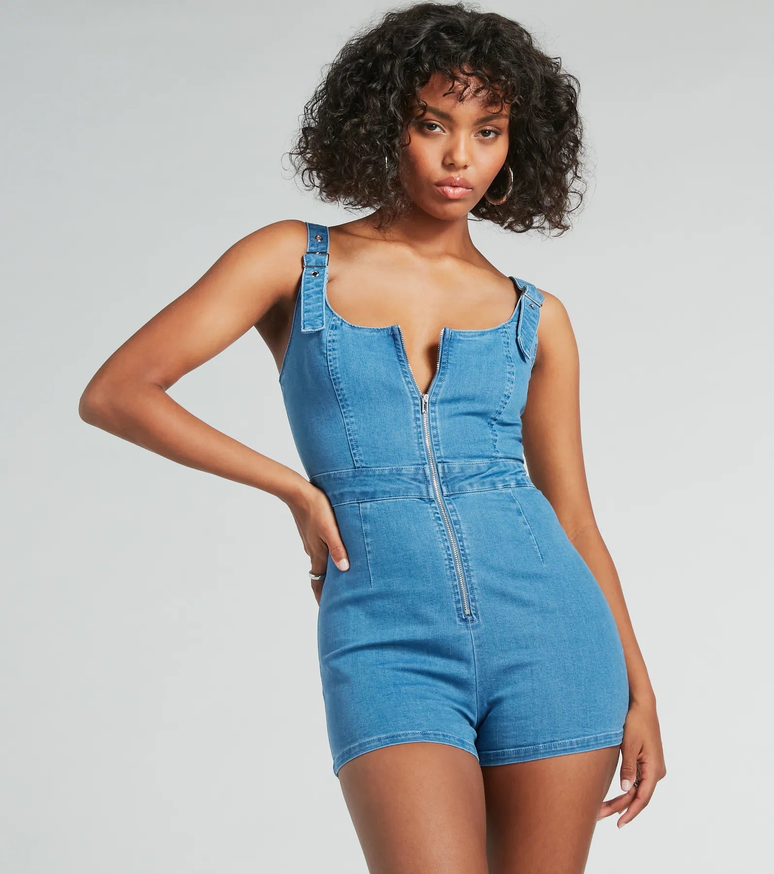 Ultimate Buckle Down Scoop Neck Zipper Denim Romper - Effortless Style