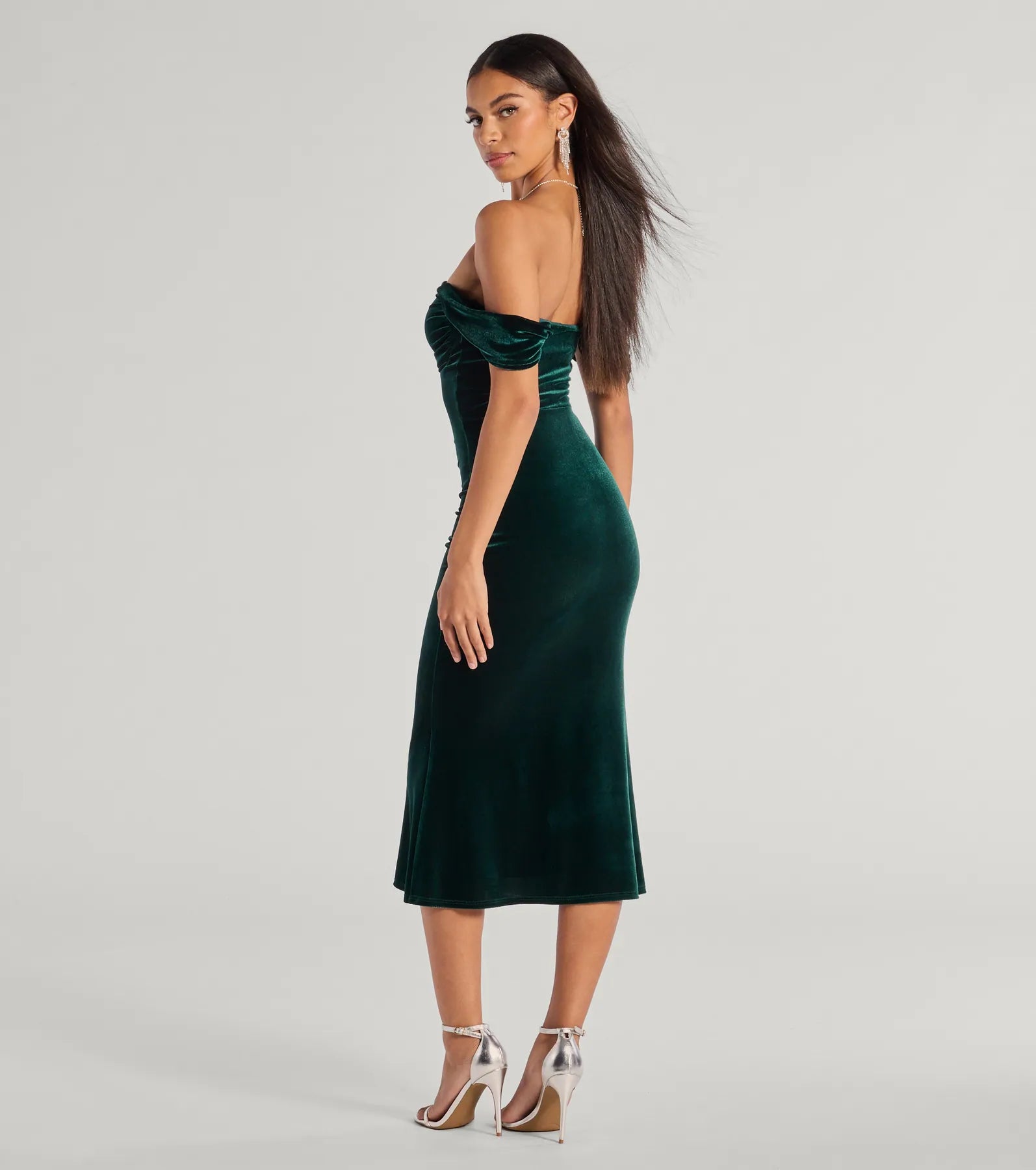 Premium Velvet Off-The-Shoulder Midi Dress - Regal Moment