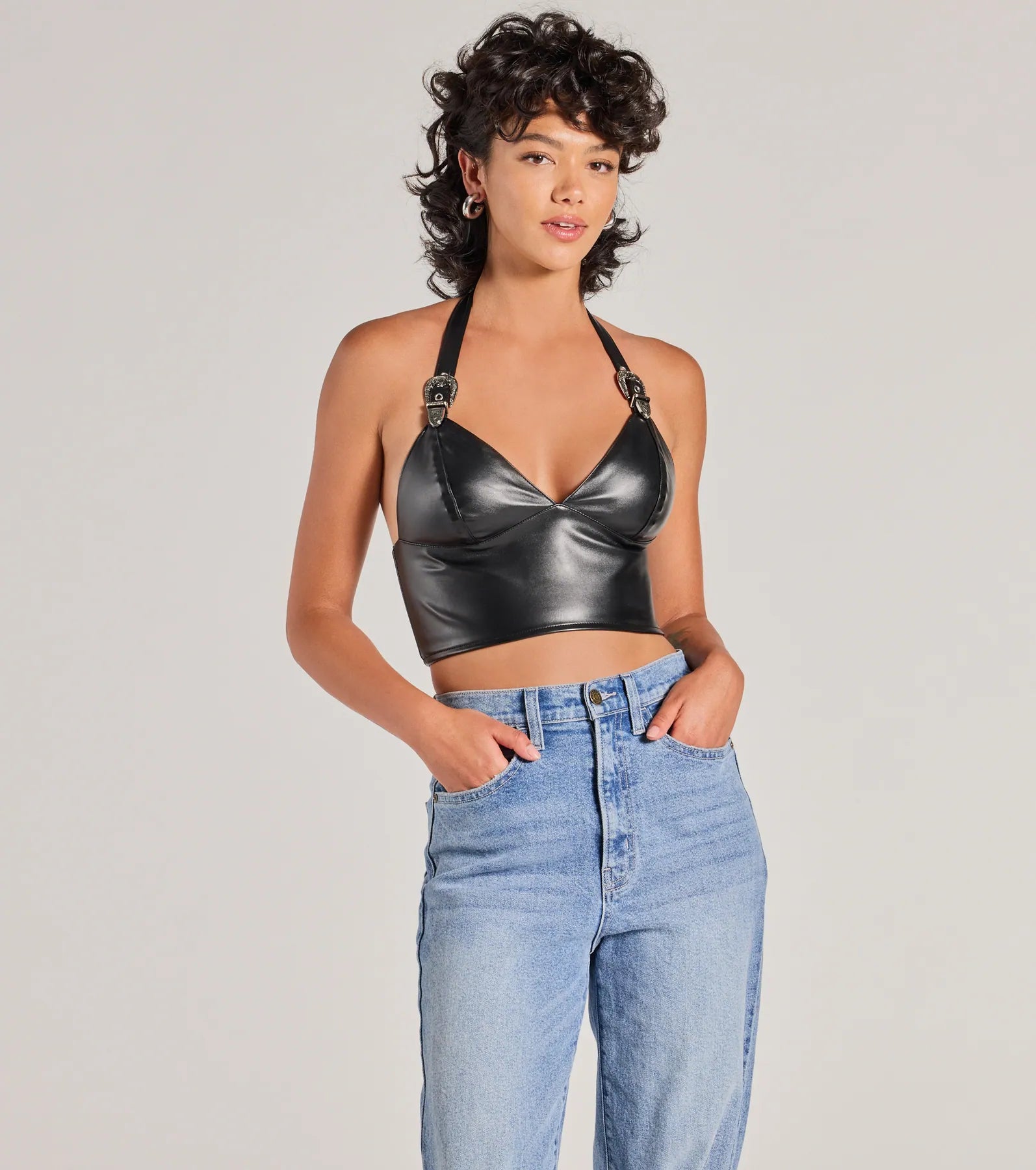 Premium Bold Buckle Halter Strap Faux Leather Crop Top - Ultimate Western Chic