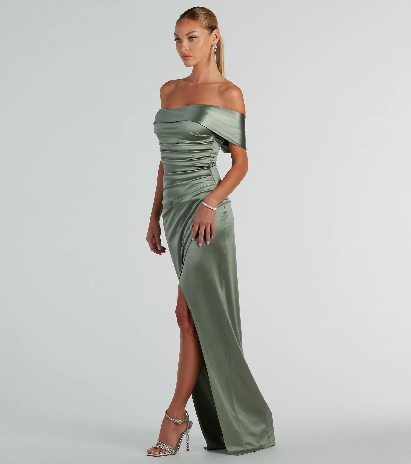 Maeva Premium Satin Off-The-Shoulder Evening Gown