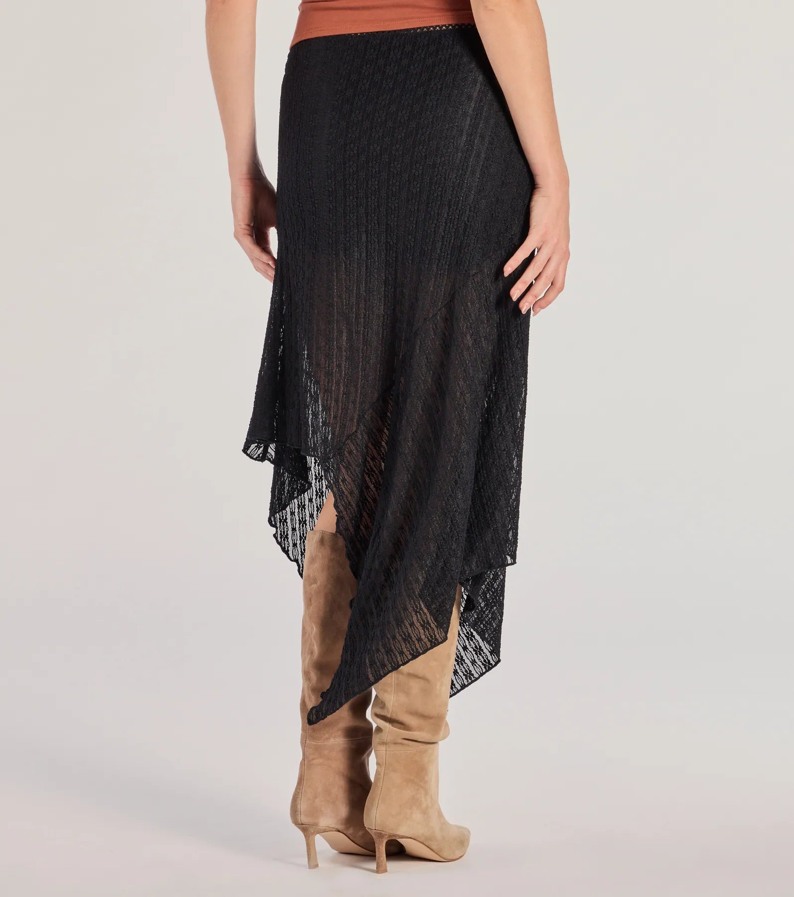 Premium Boho Sheer Lace Midi Skirt with Asymmetric Hem