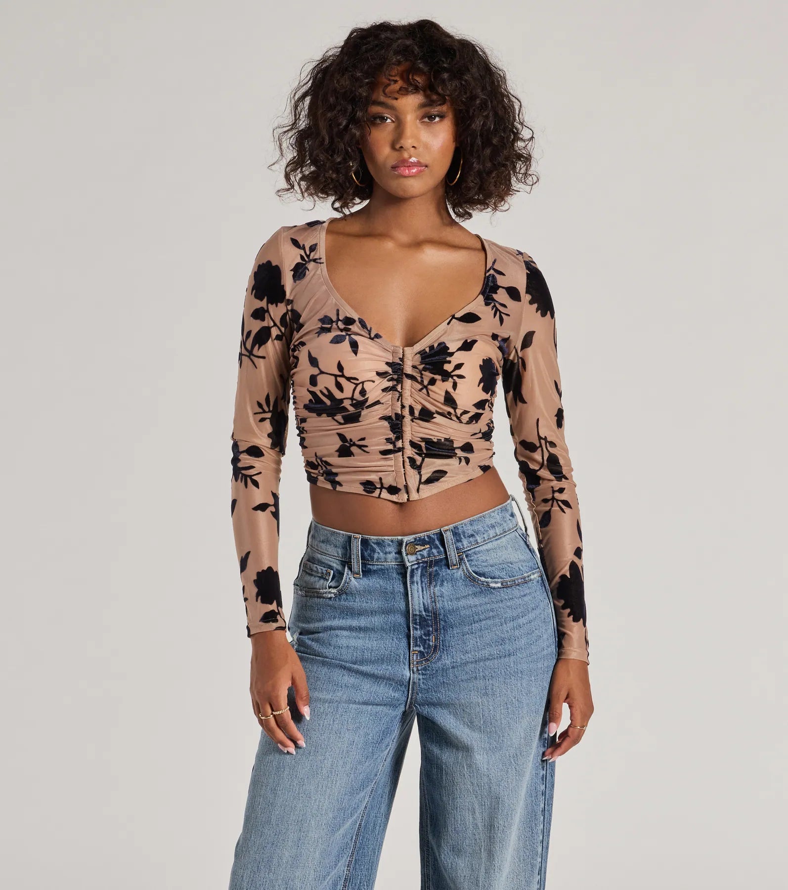 Elegant Velvet Floral Mesh Corset Top - Long Sleeve