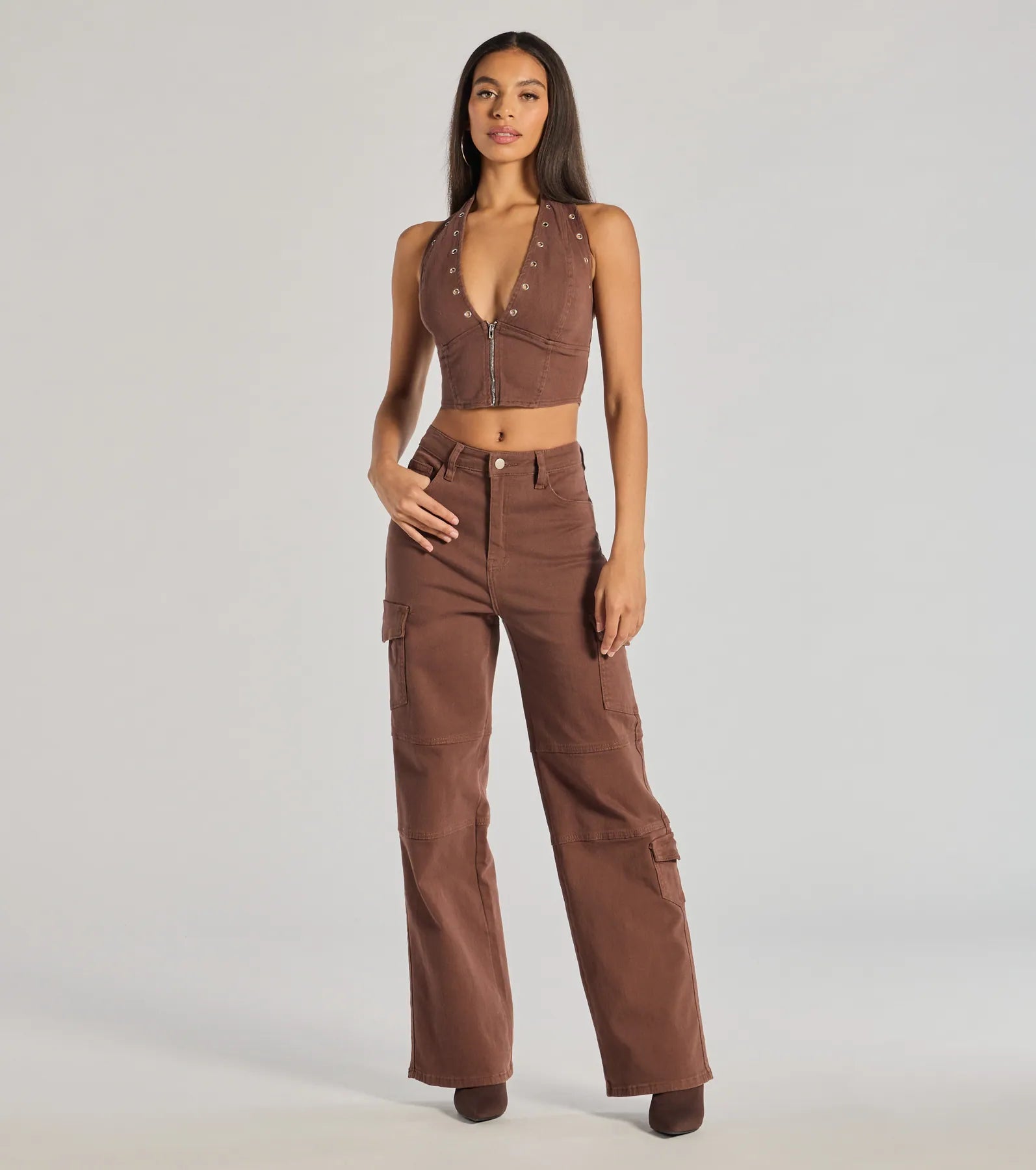 Ultimate Edge Halter Grommet Zip-Up Crop Top