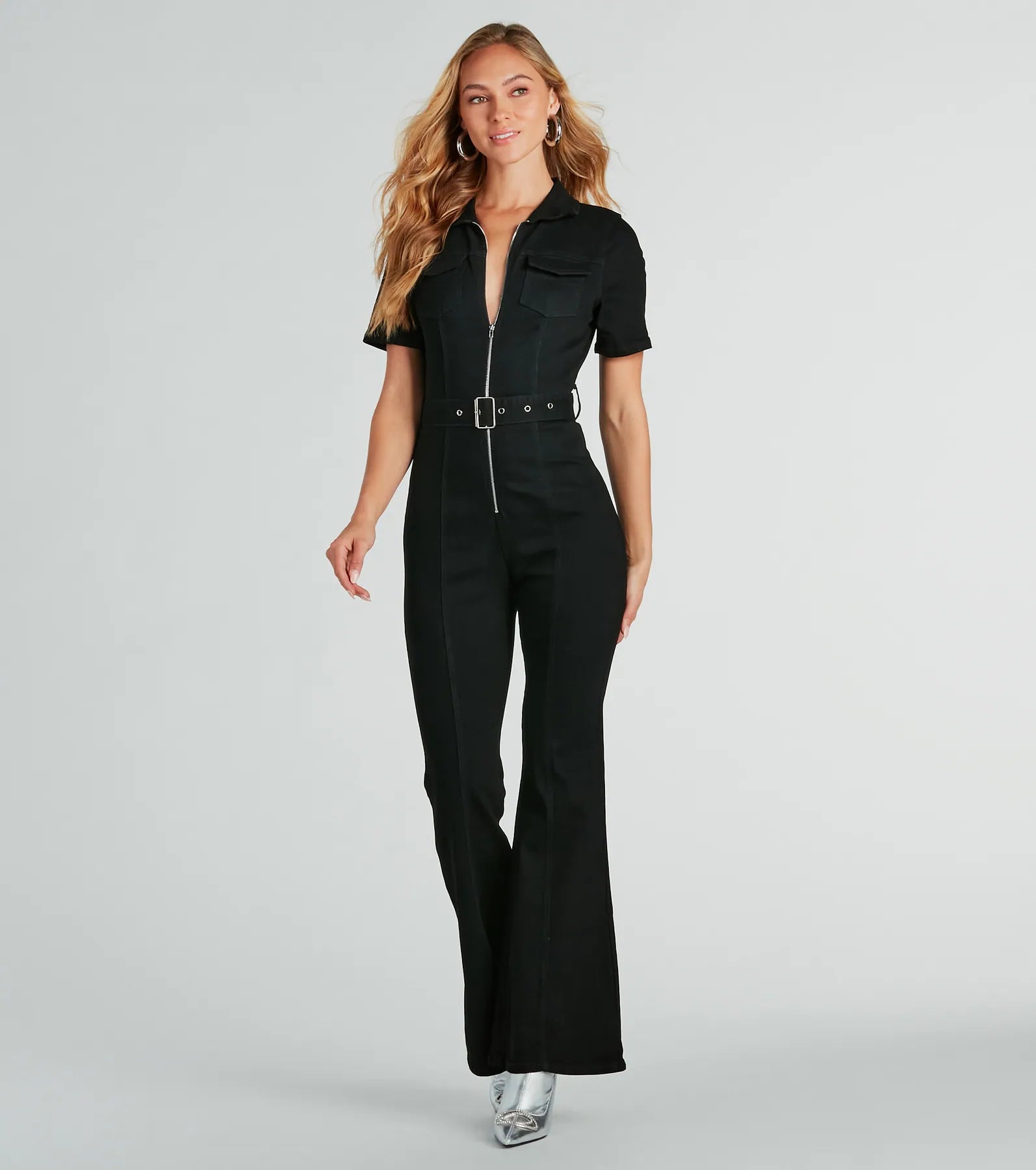 Ultimate Retro Belted Flare Denim Jumpsuit - Premium Denim Style