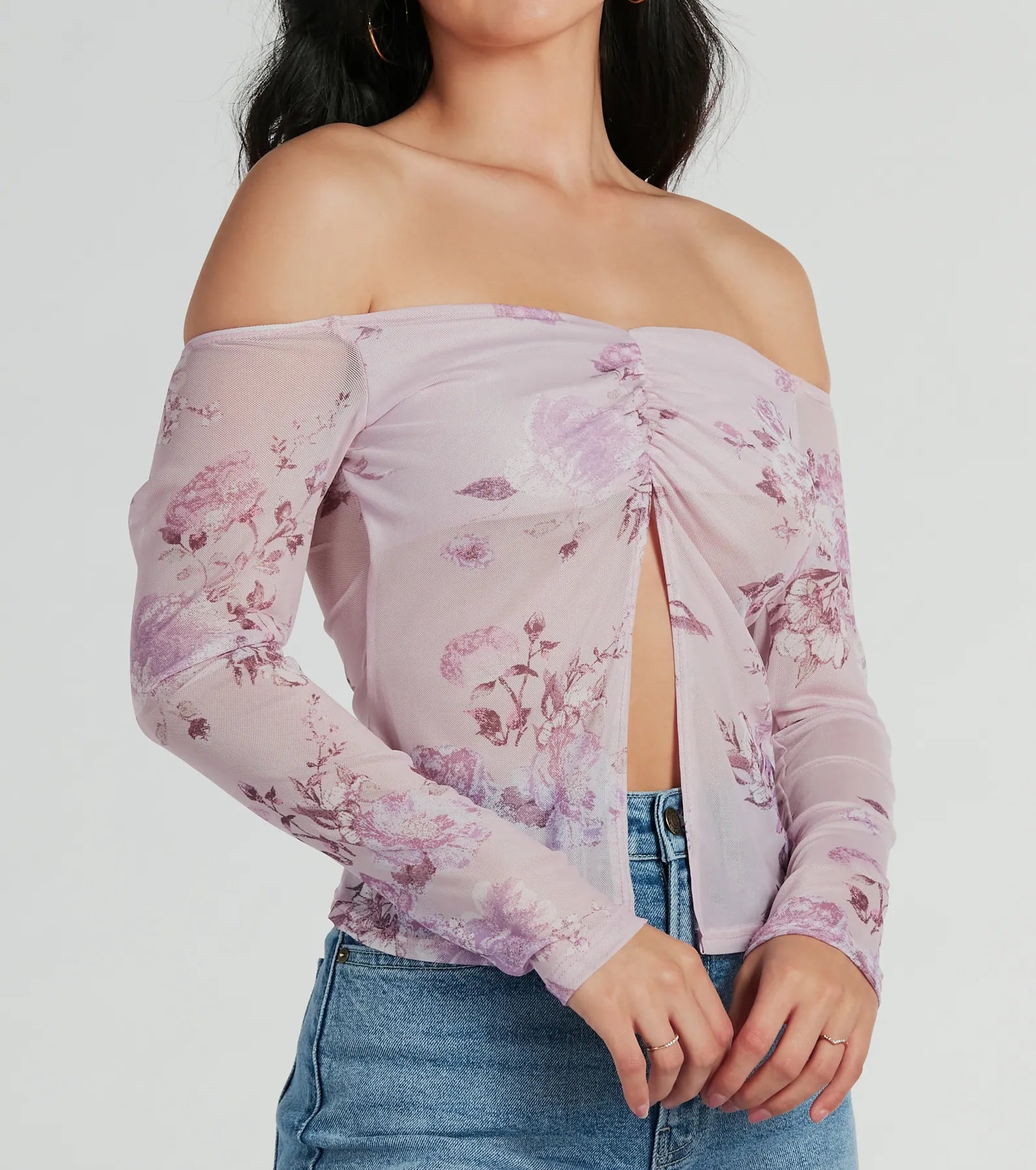 Premium Floral Daydream Off-The-Shoulder Mesh Top - Ultimate Feminine Style