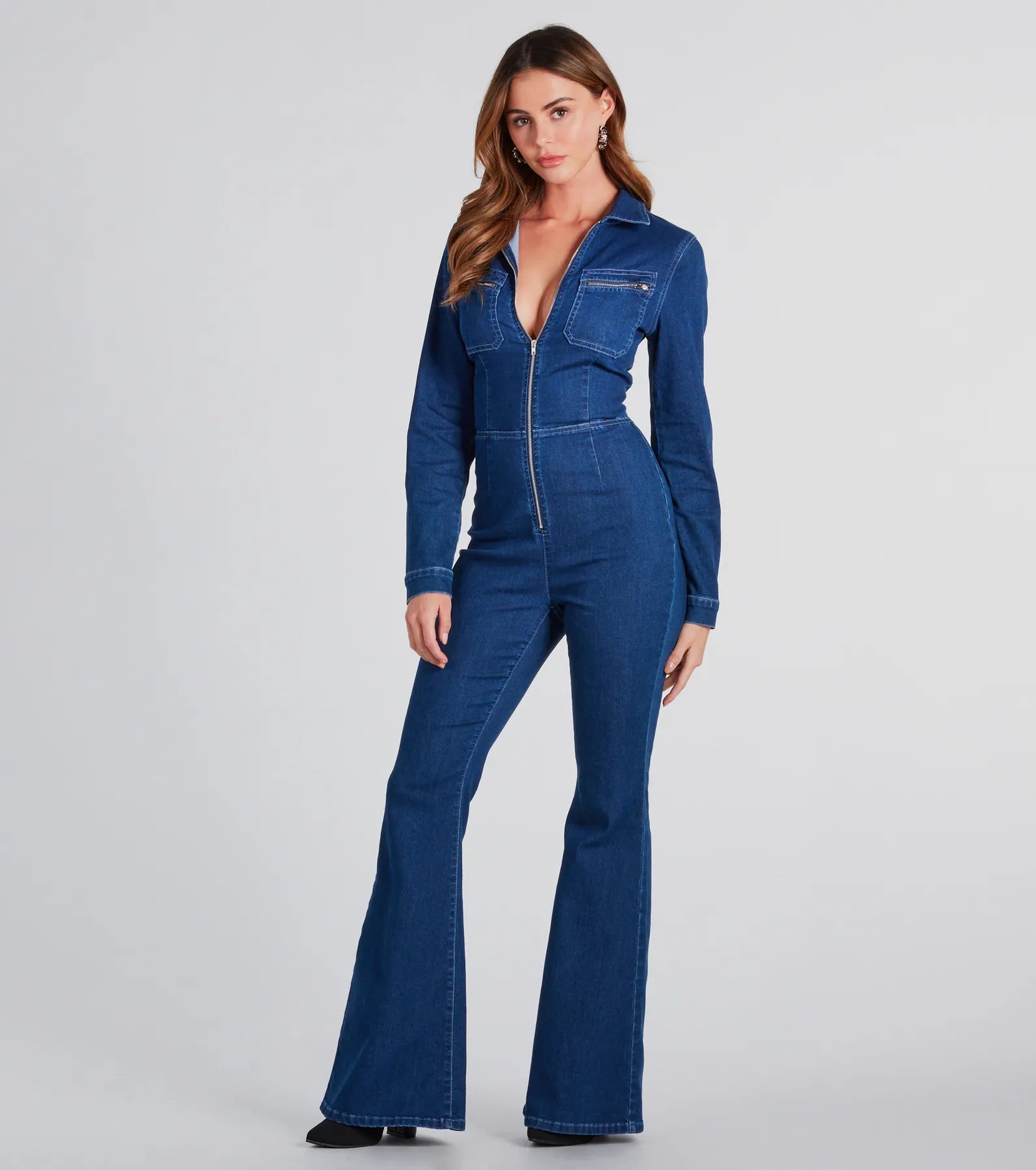 Ultimate Flare Denim Jumpsuit - Premium Long Sleeve Style