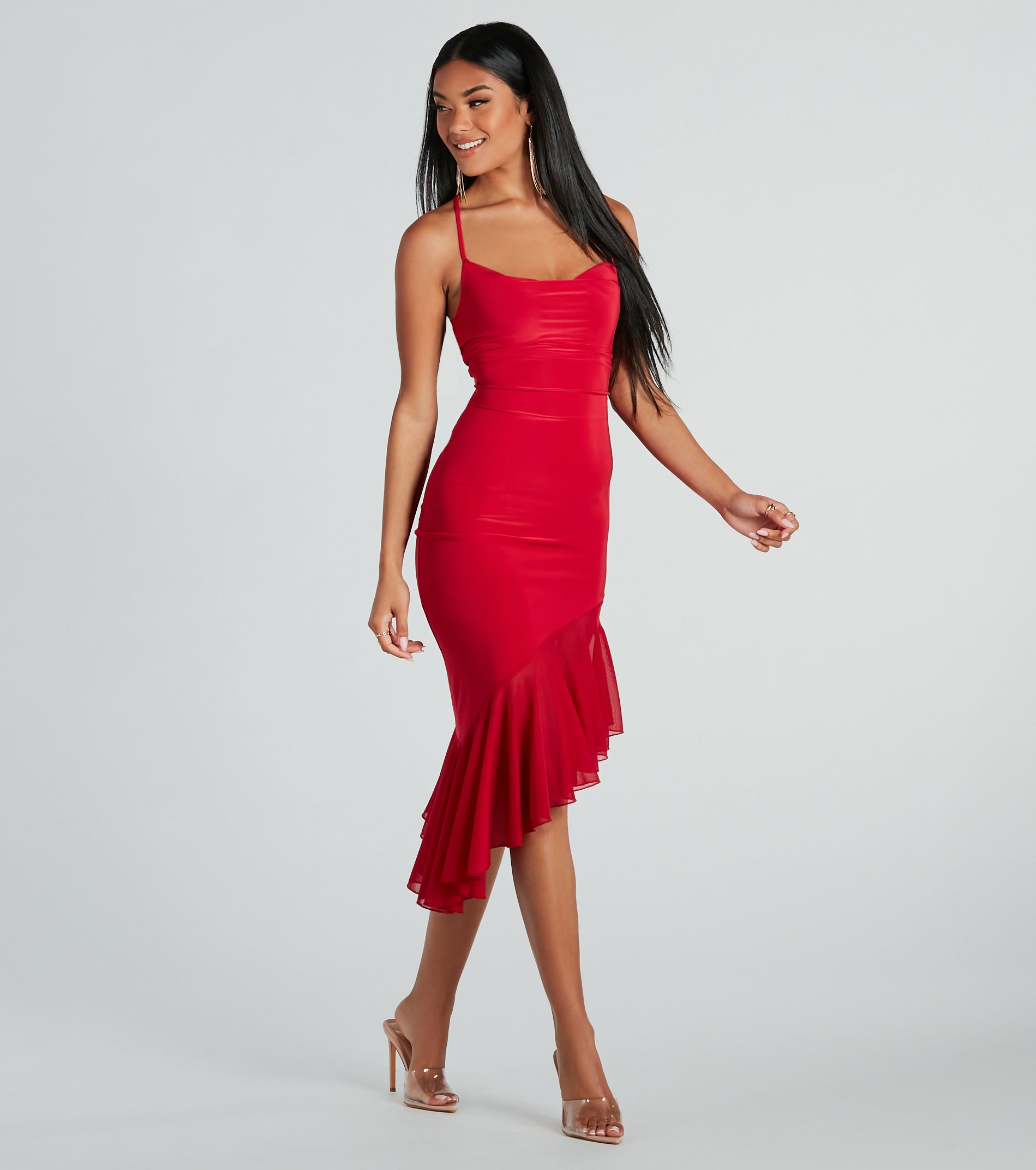 Premium Cowl Neck Mesh Ruffle Midi Dress - Timeless Elegance