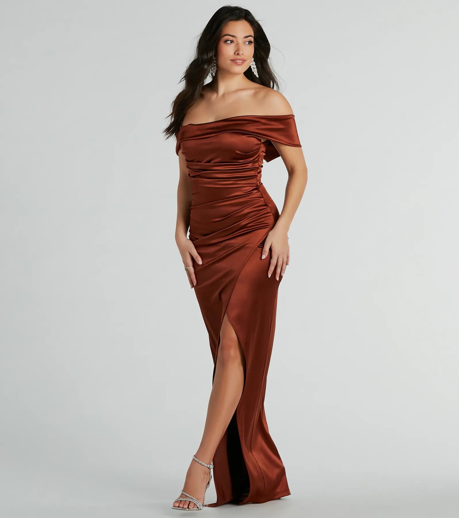 Maeva Premium Satin Off-The-Shoulder Evening Gown