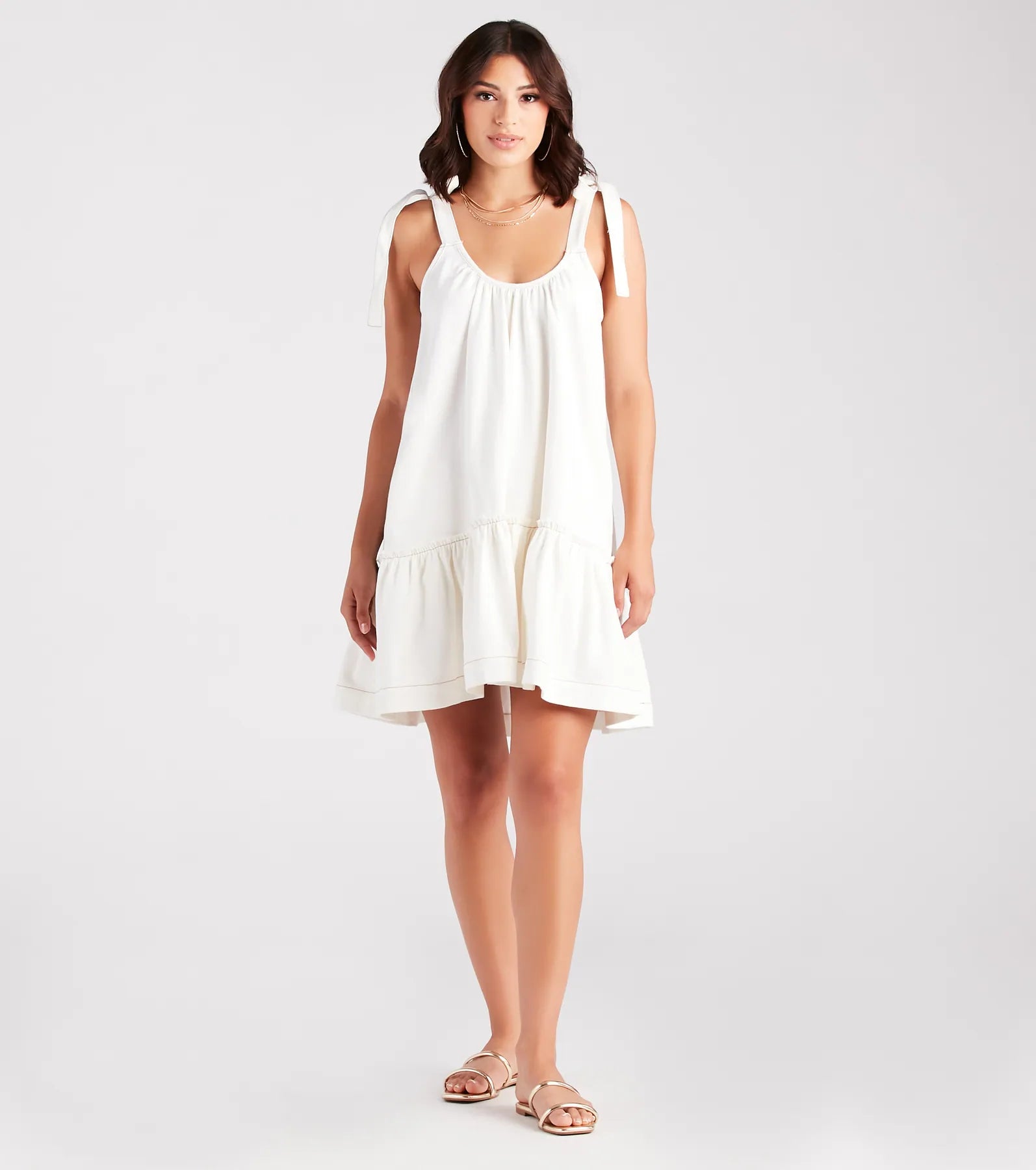 Premium Coastal Getaway Tie-Shoulder Ruffled Dress