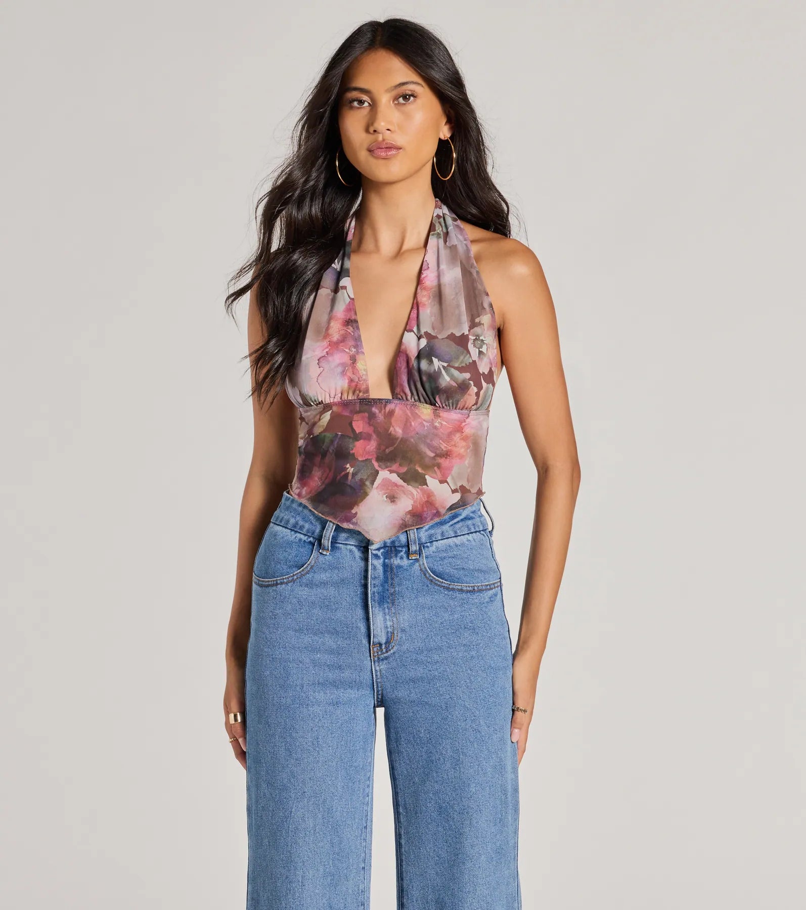 Ultimate Sultry Halter Crop Top - Abstract Floral Design