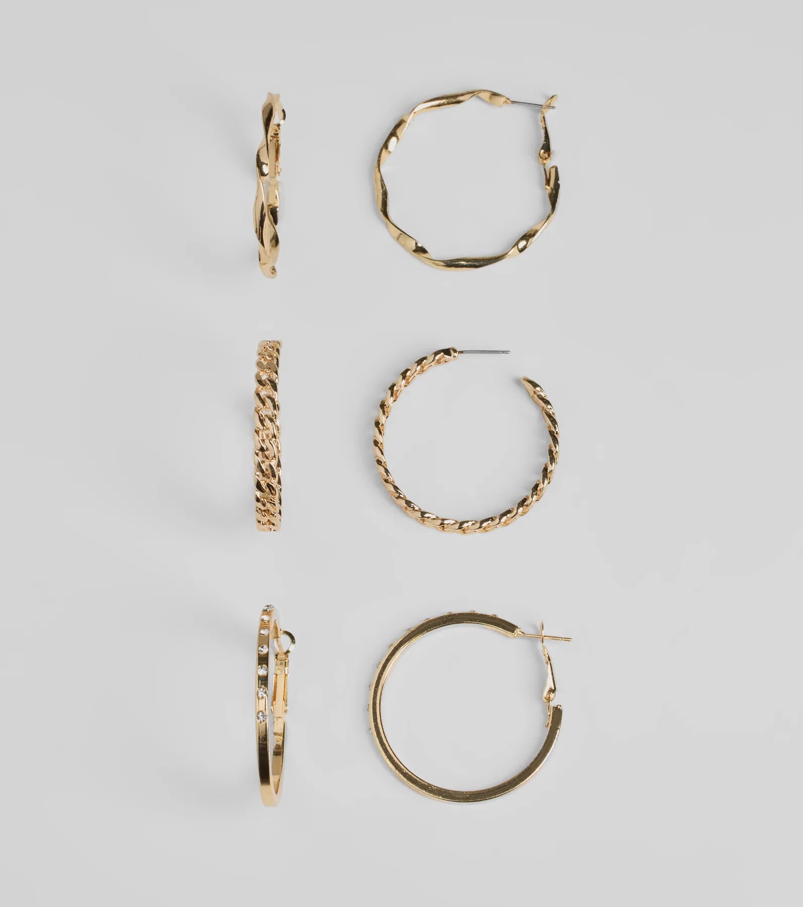 Ultimate Hoop Earrings Trio: Chain, Metal & Rhinestone Styles