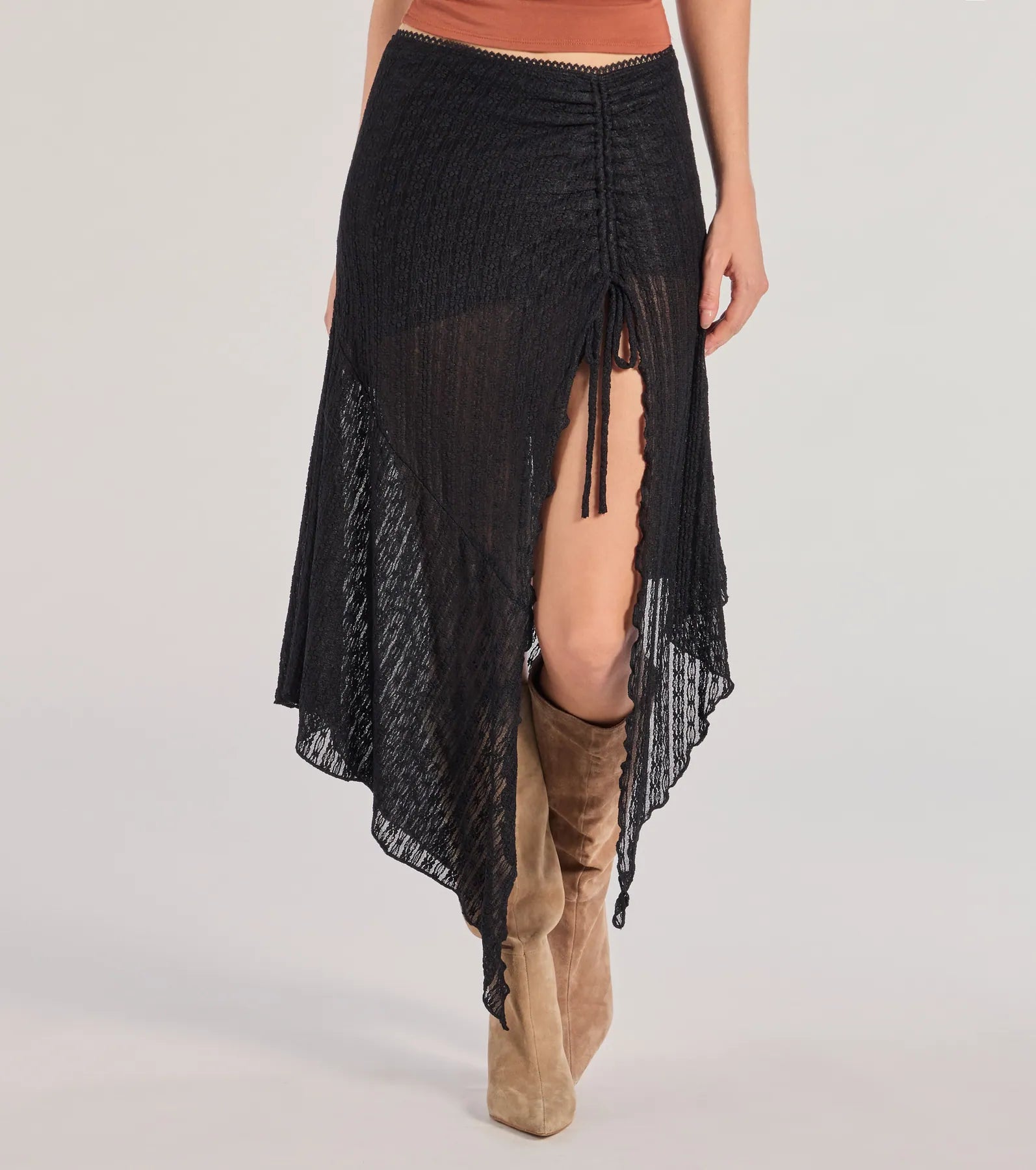 Premium Boho Sheer Lace Midi Skirt with Asymmetric Hem