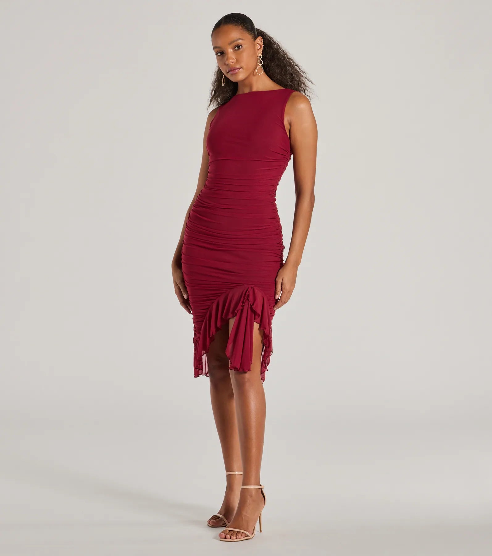 Elegant Casey Premium Mesh High Neck Ruffle Midi Dress