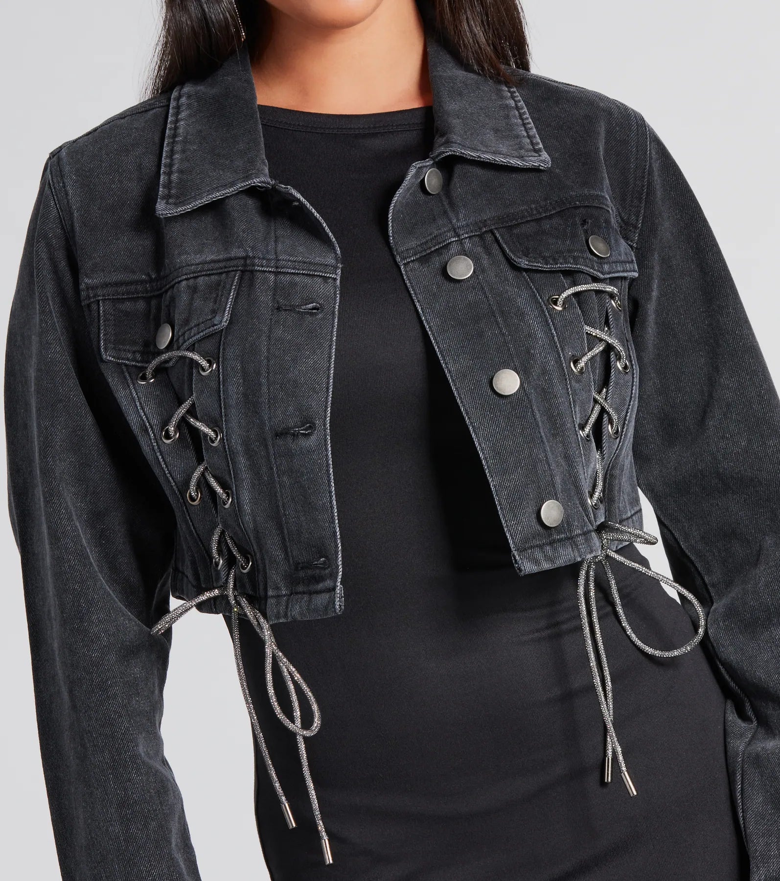 Ultimate Rhinestone Lace-Up Denim Jacket | Premium Style