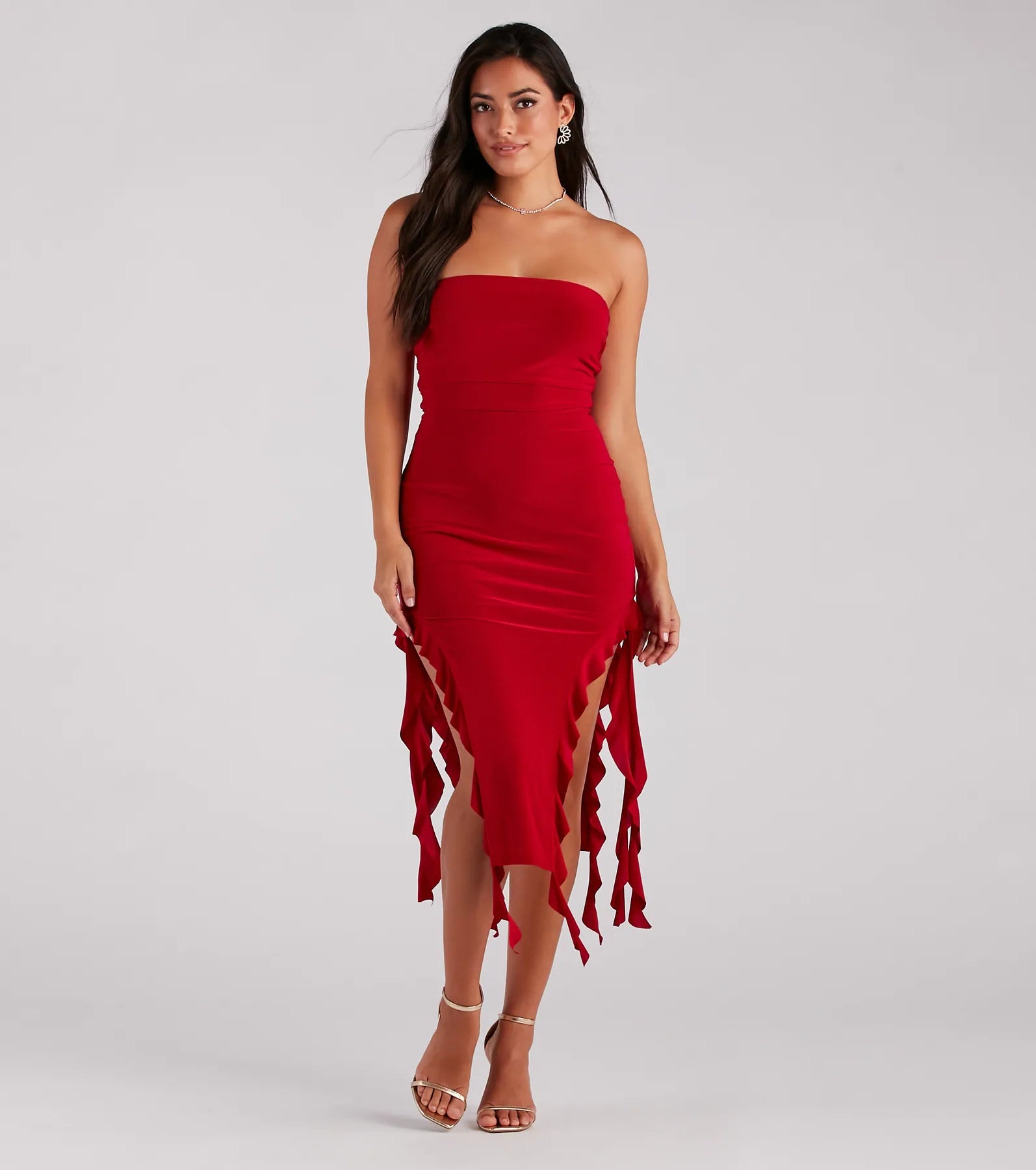 Ultimate Flirtatious Aura Ruffled High Slit Midi Dress