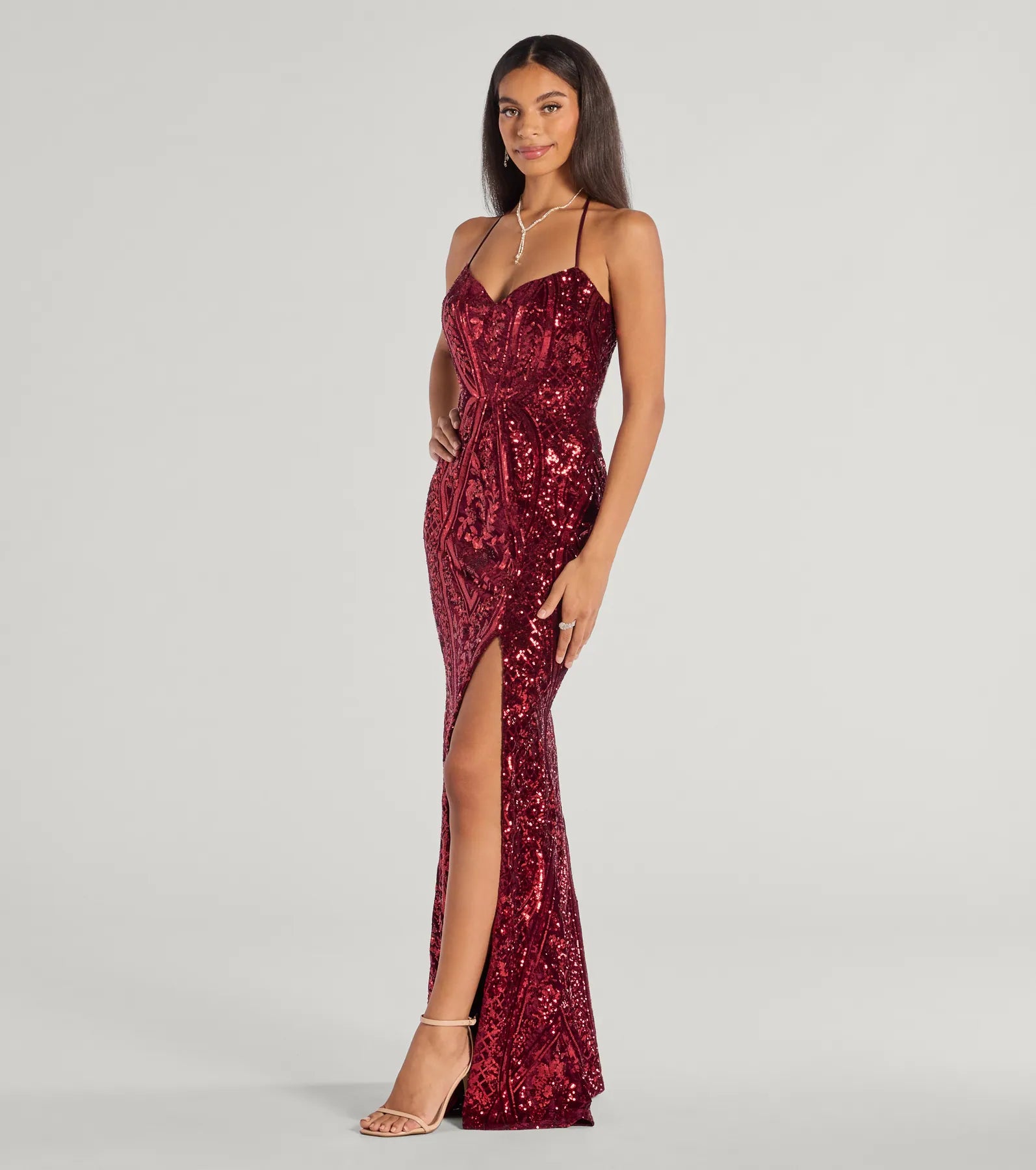 Premium Meara Sequin Velvet Evening Gown with High Slit
