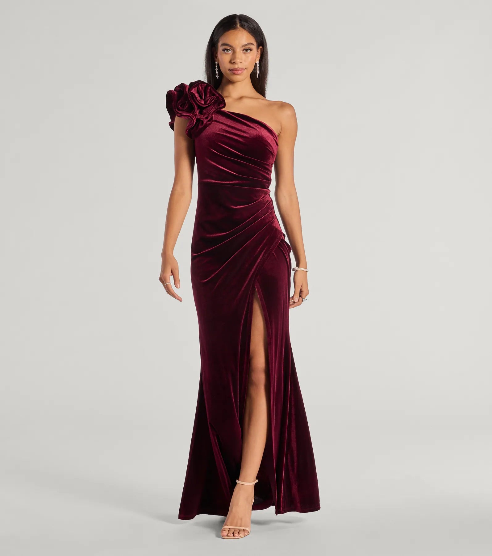 Premium Freida Velvet Ruffled One-Shoulder Evening Gown