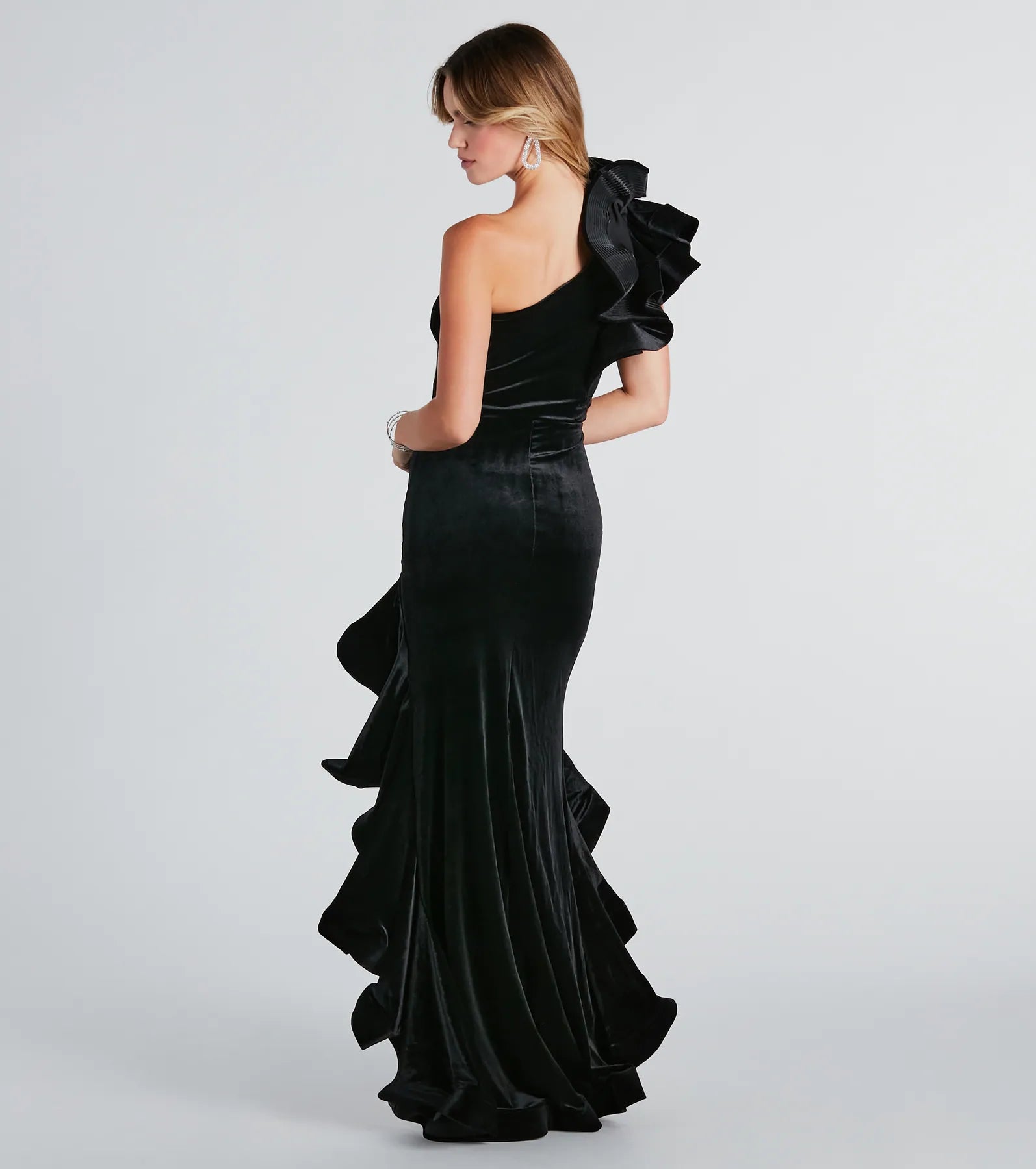 Premium Beatrice Velvet Ruffle High-Low Evening Dress