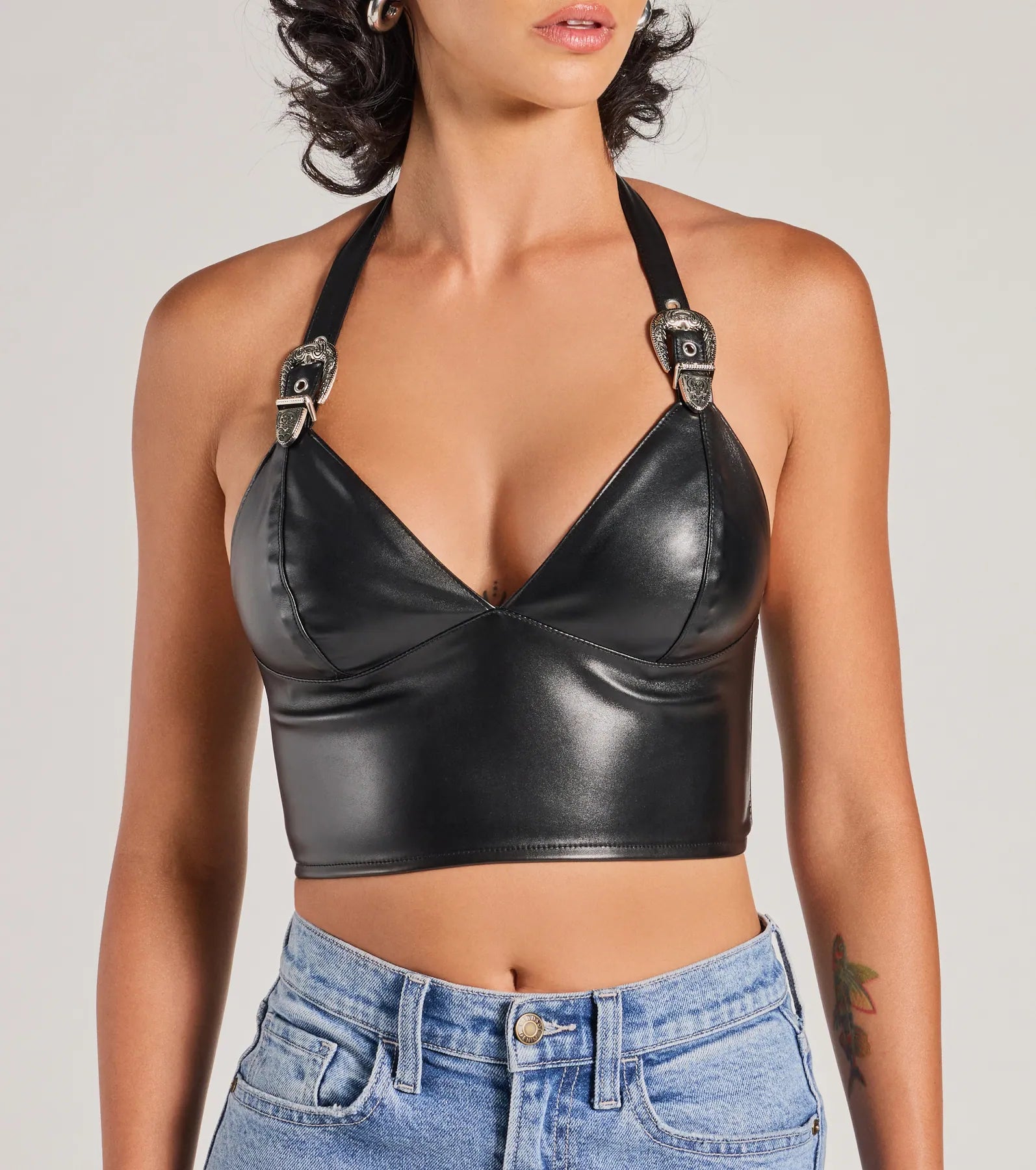 Premium Bold Buckle Halter Strap Faux Leather Crop Top - Ultimate Western Chic