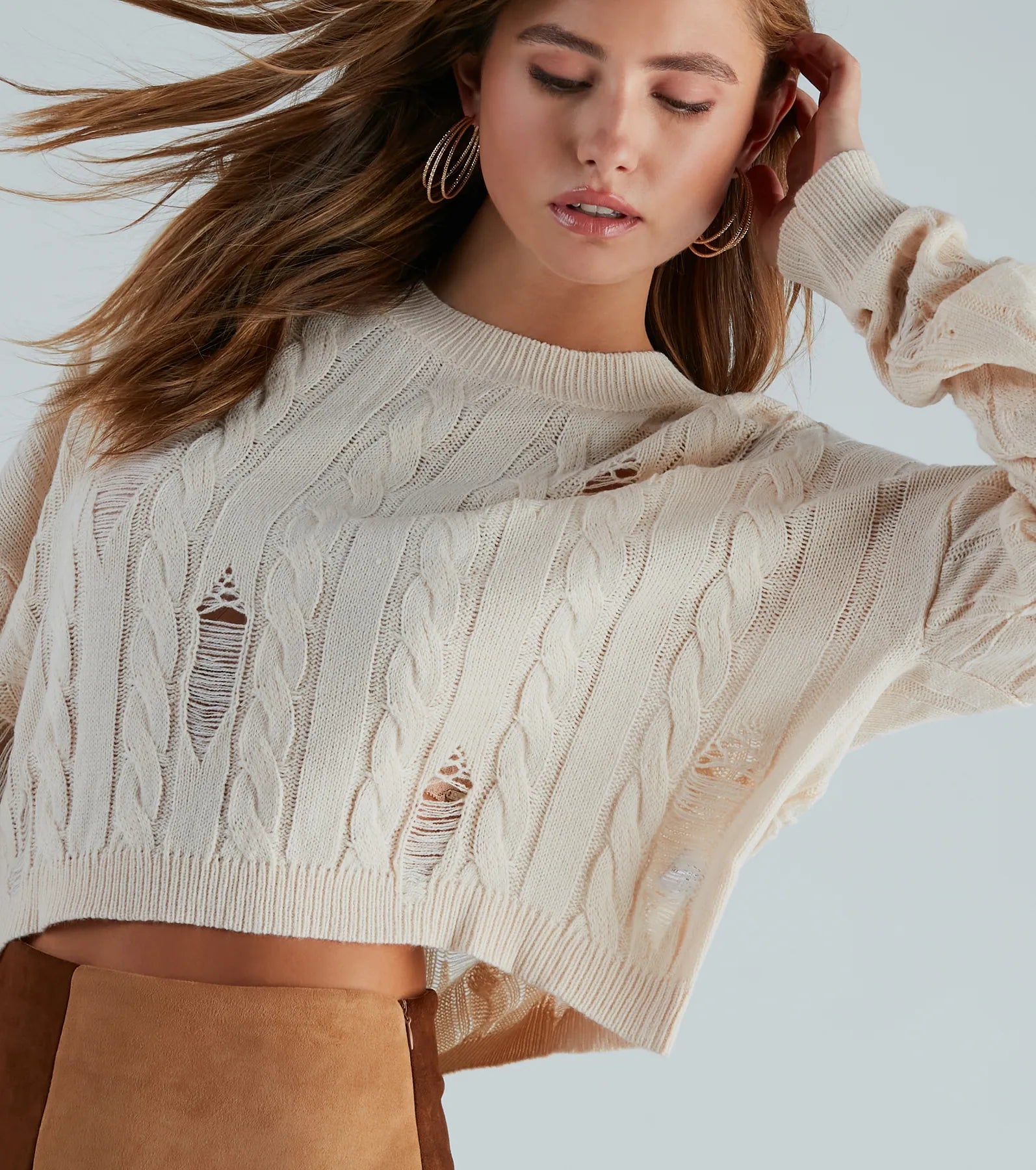 Ultimate Latte Meet-Up Premium Distressed Cable Knit Sweater