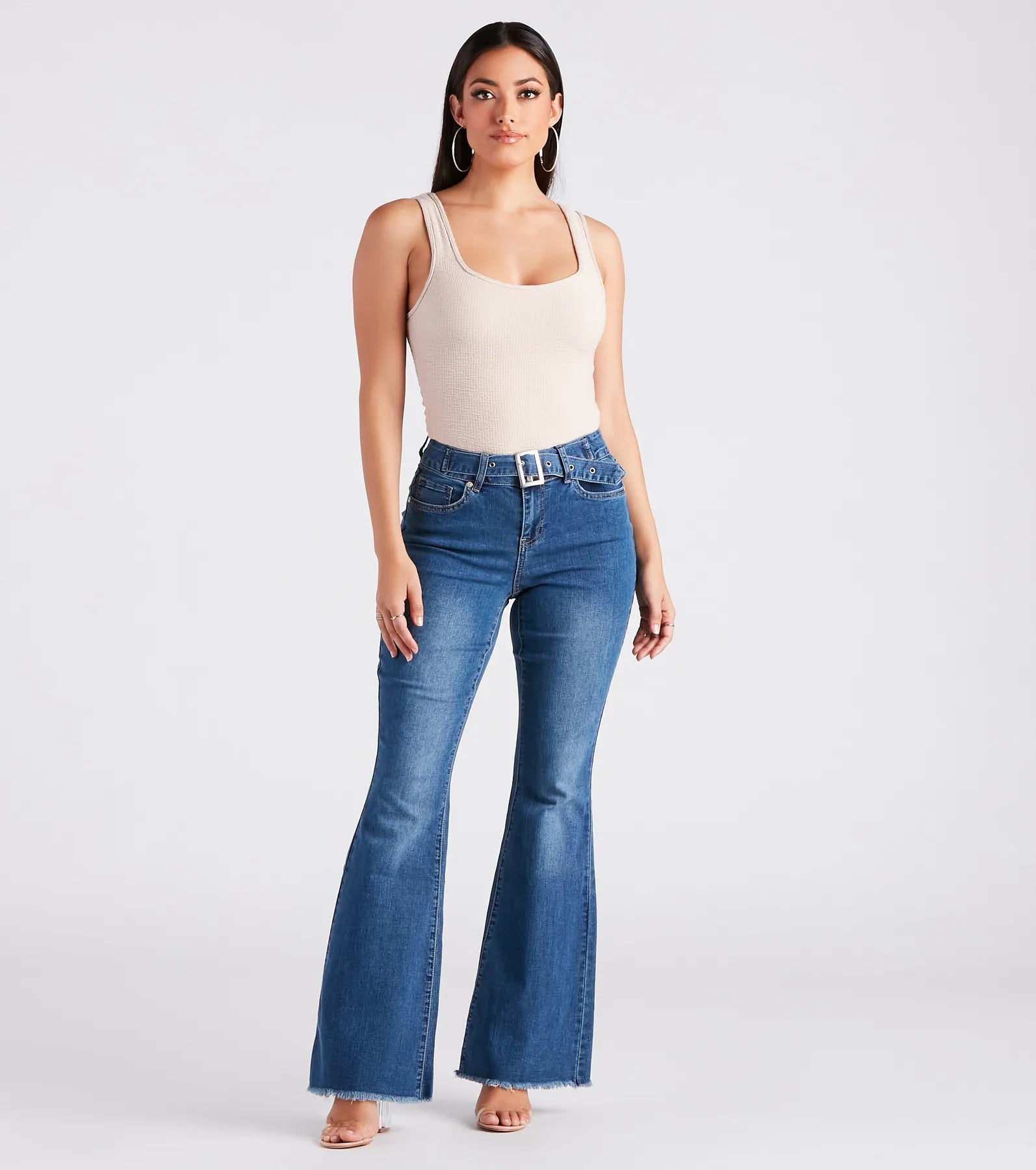 Premium Mid-Rise Belted Flare Jeans - Windsor Denim Collection