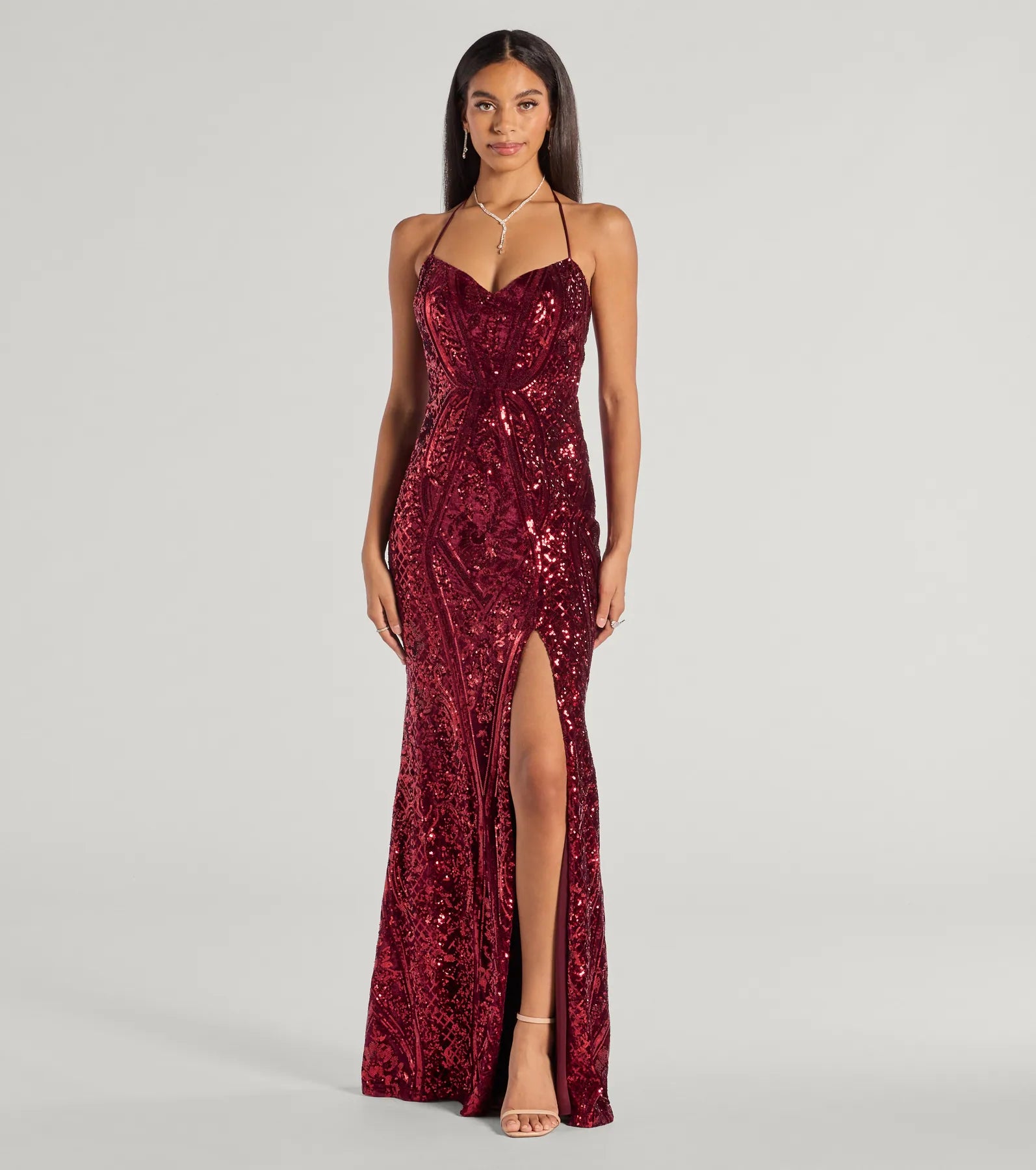 Premium Meara Sequin Velvet Evening Gown with High Slit