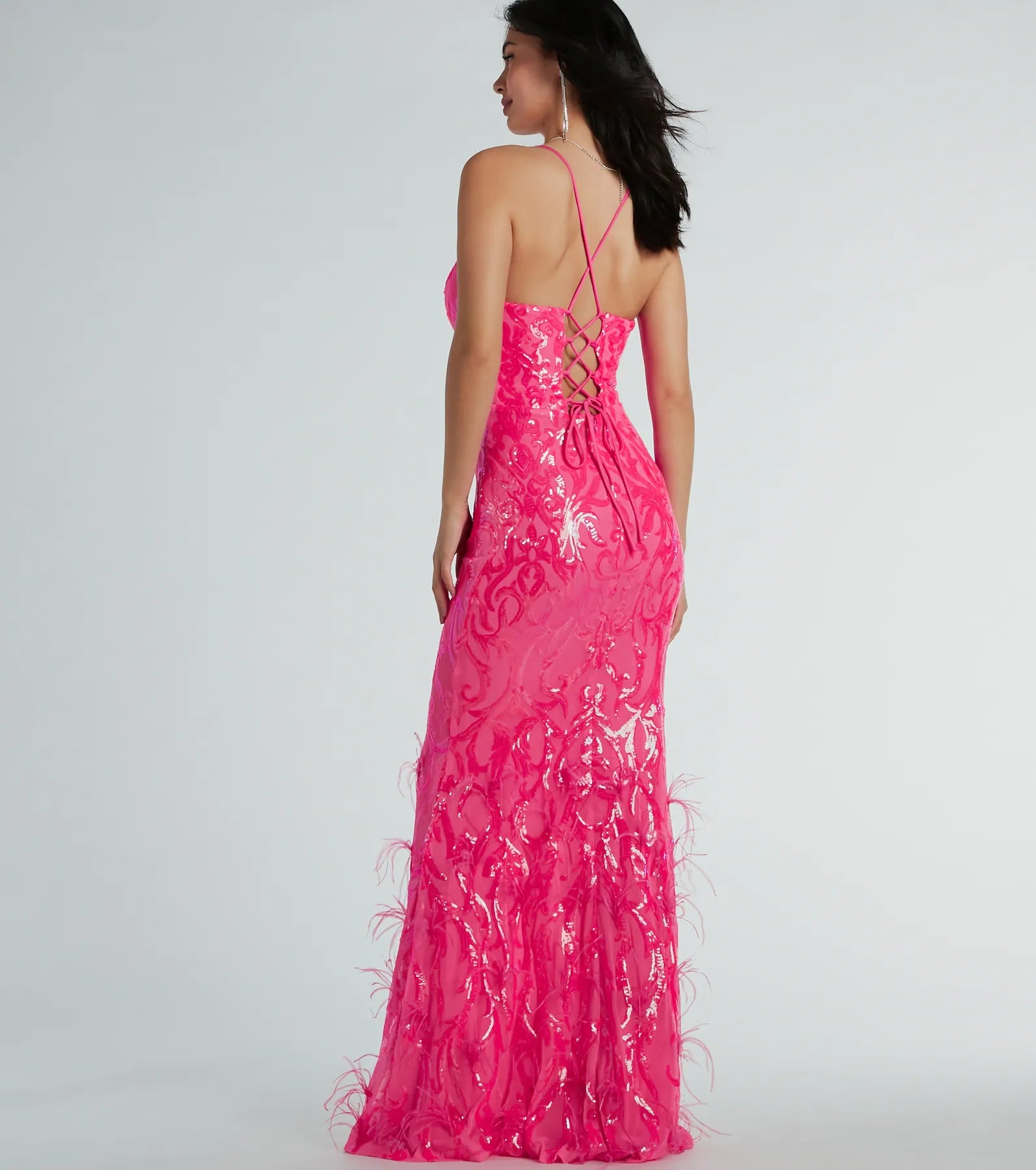 Ultimate Nina Lace-Up Feather Mermaid Sequin Evening Gown