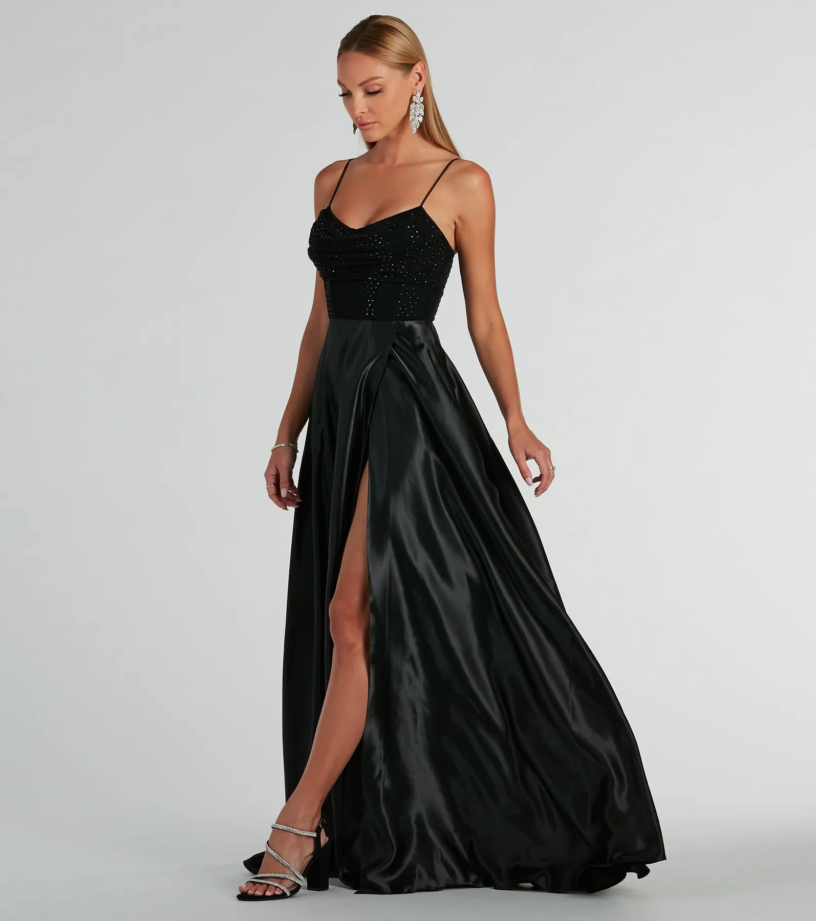 Ammara Premium Cowl Neck Satin Gown with Rhinestone Mesh