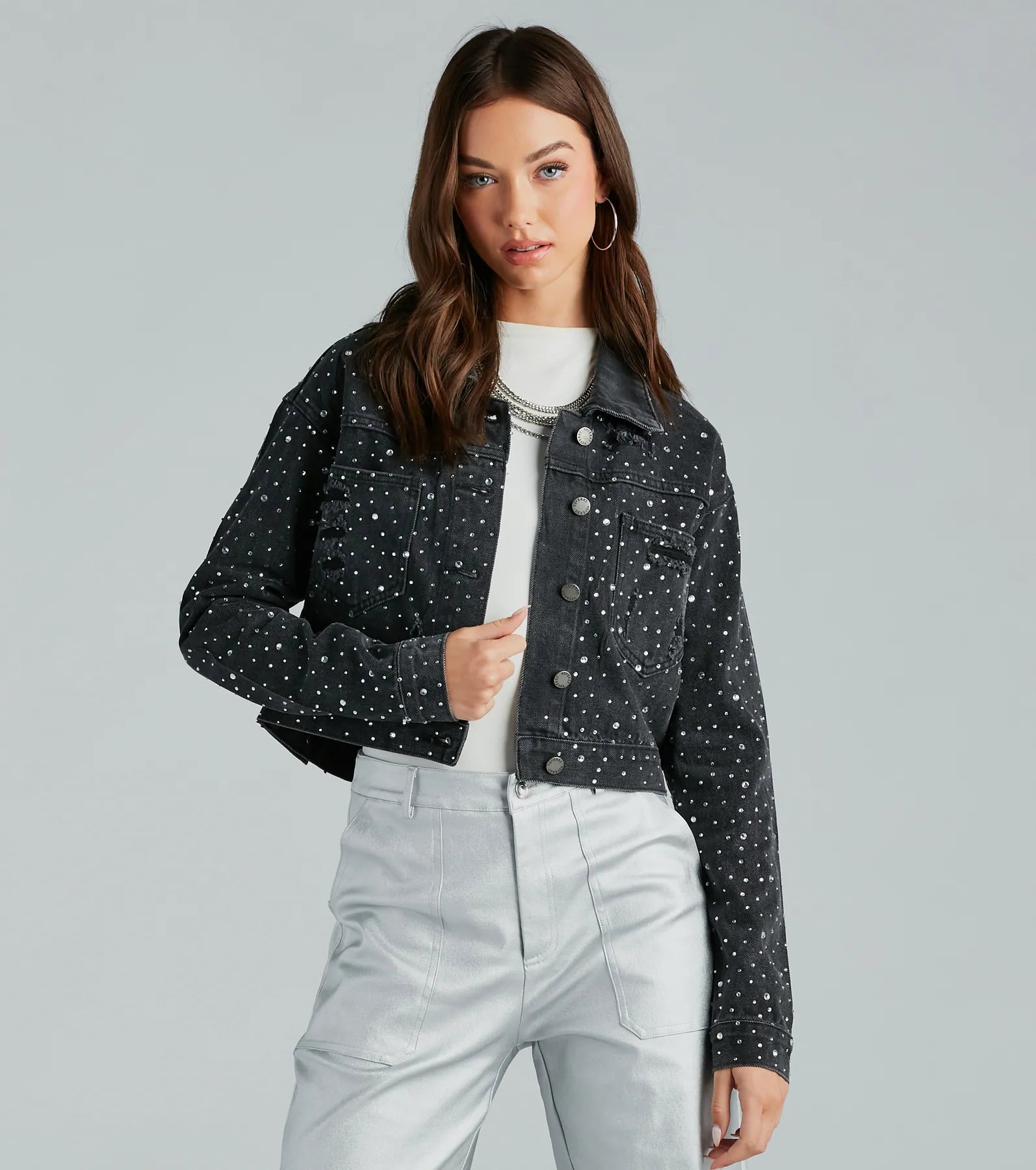 Ultimate Glamour Rhinestone Cropped Denim Jacket – Casual Chic Style