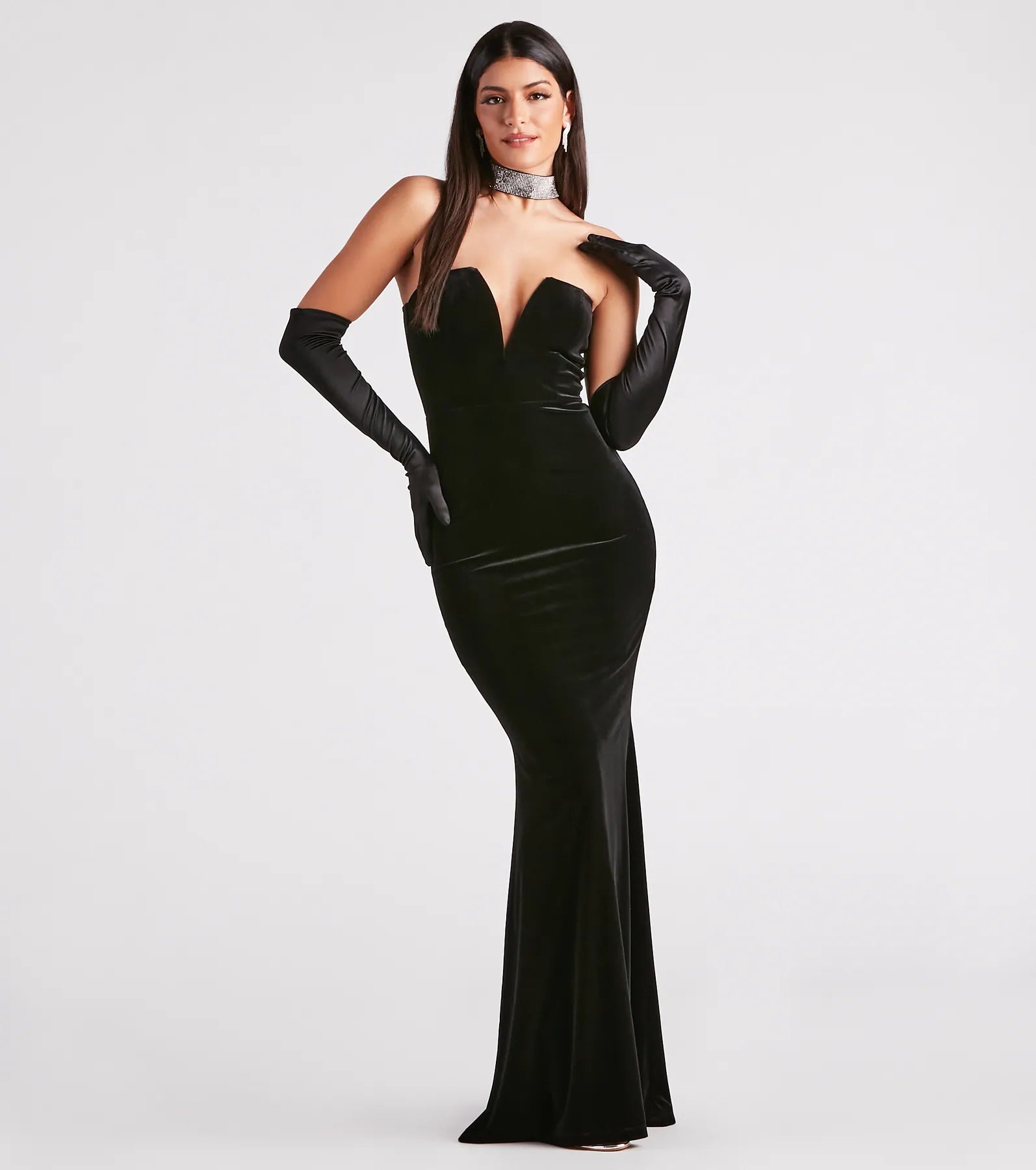 Ultimate Gemma Velvet Mermaid Dress with Rhinestone Collar