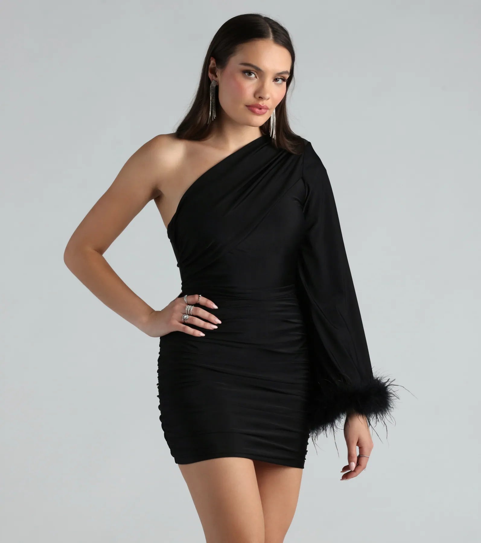 Brielle Premium One-Shoulder Feather Trim Party Dress