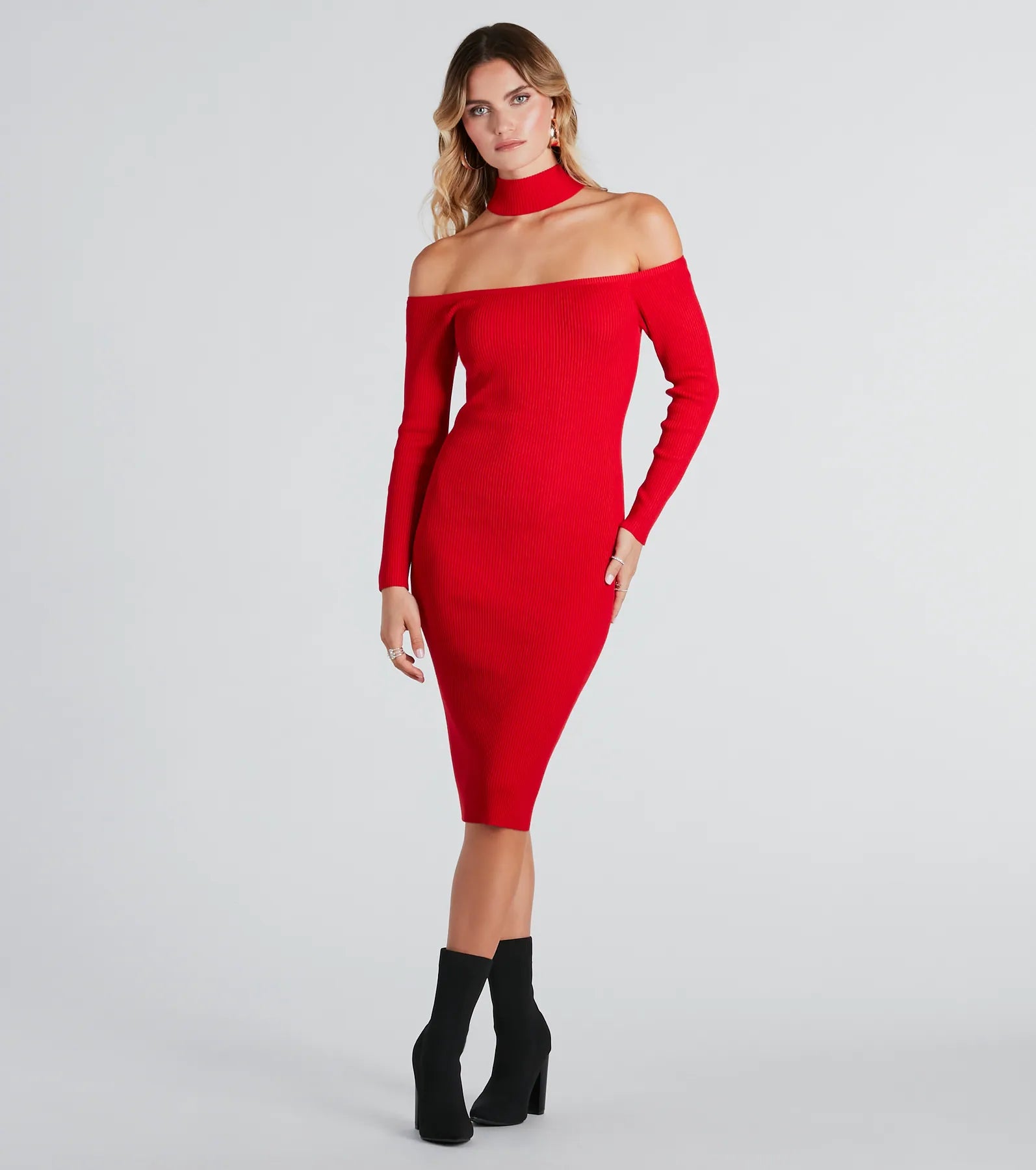 Premium Choker Neckline Sweater Midi Dress - Ultimate Elegance