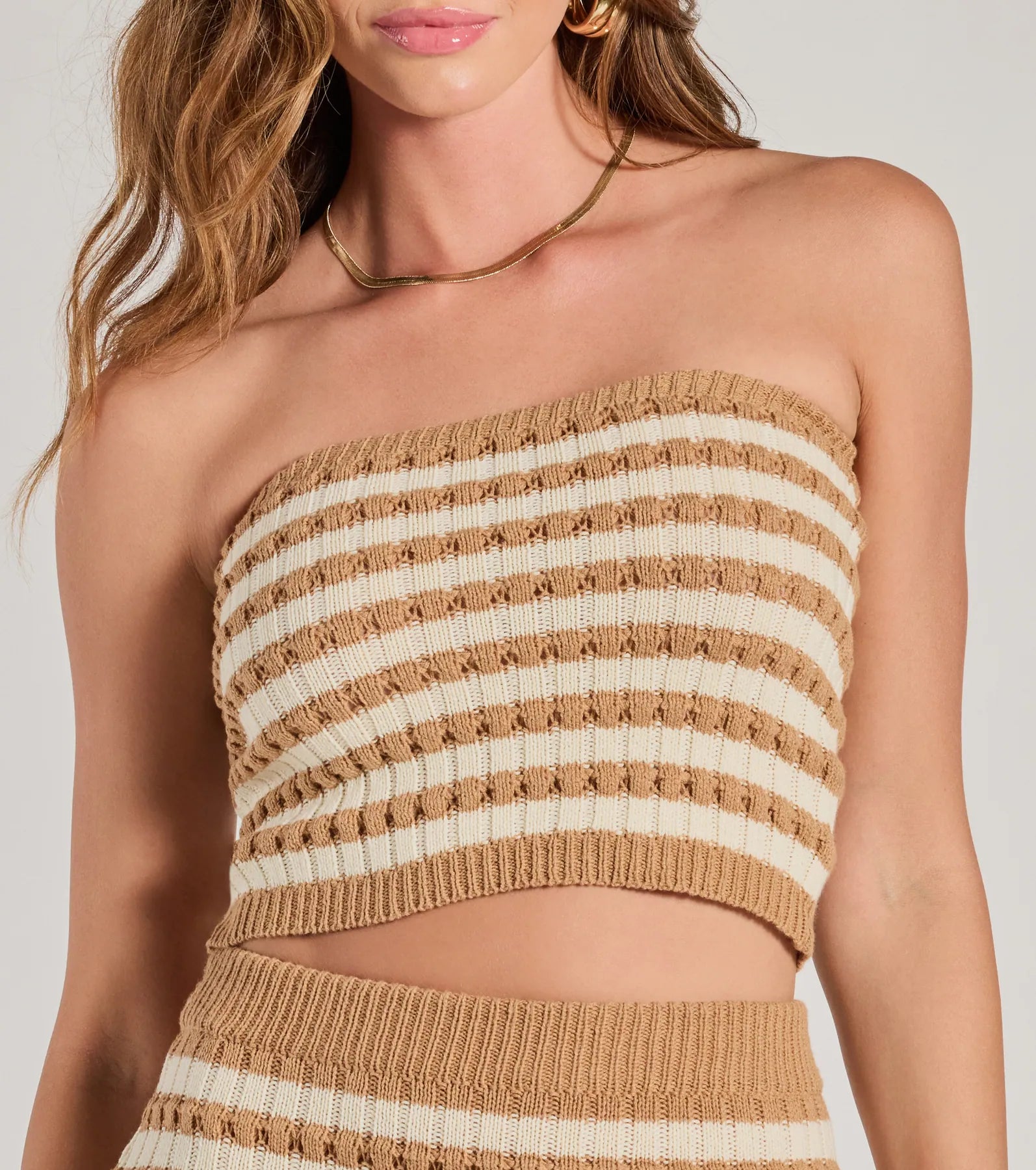 Premium Seaside Cutie Strapless Striped Knit Crop Top