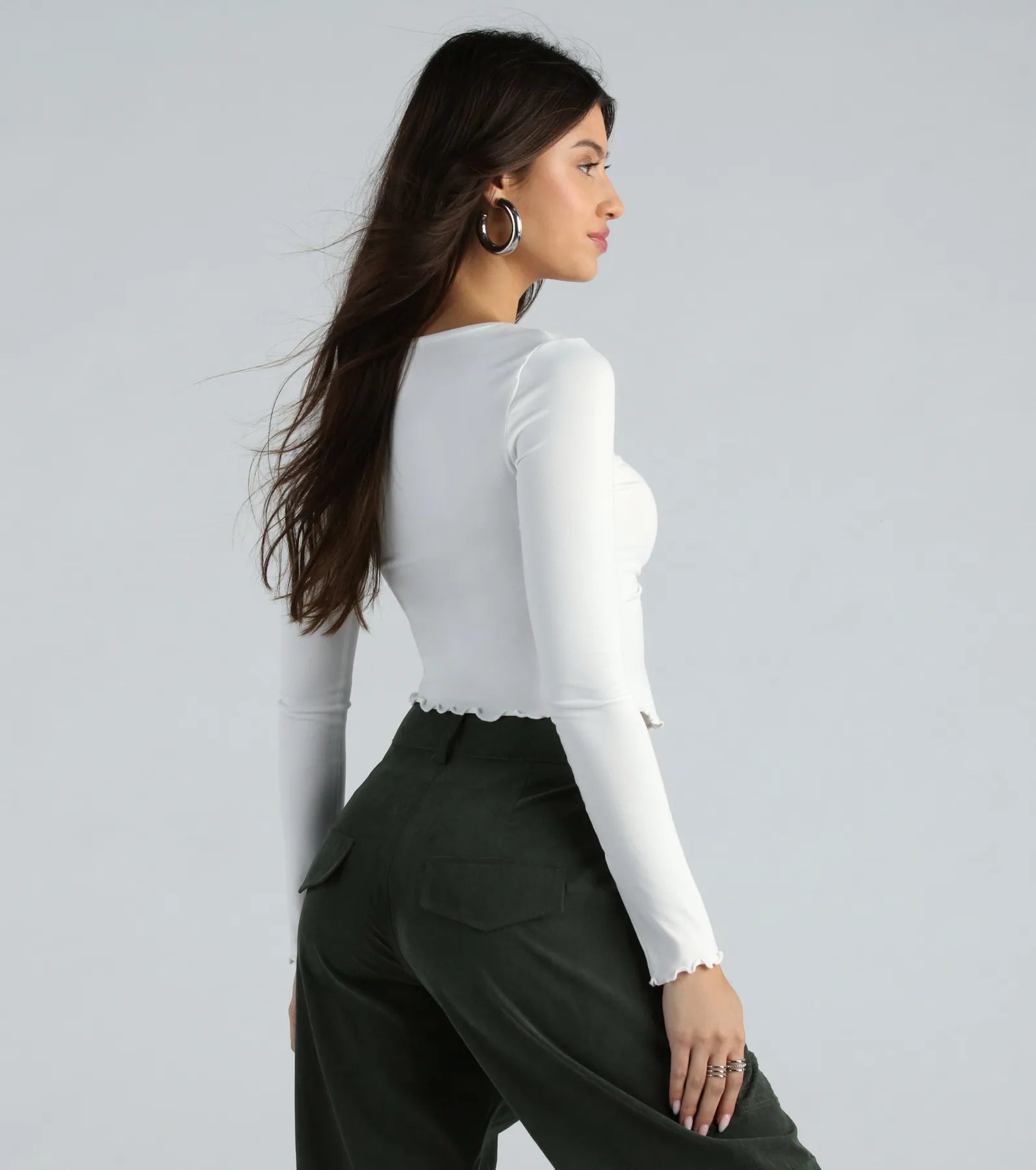 Premium Long Sleeve V-Neck Crop Top with Adjustable Drawstring