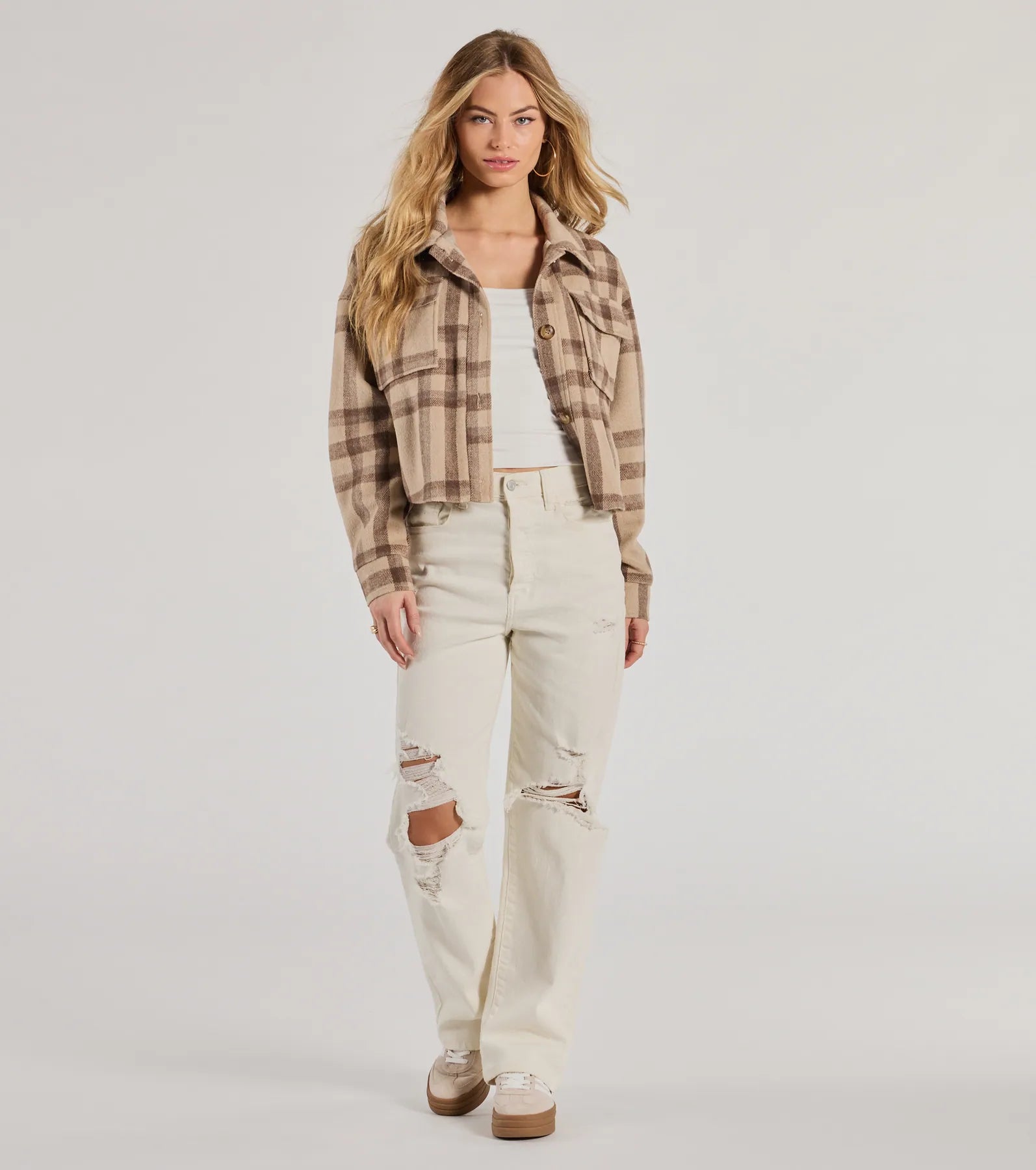 Ultimate Plaid Oversized Cropped Shacket - Premium Woven Style