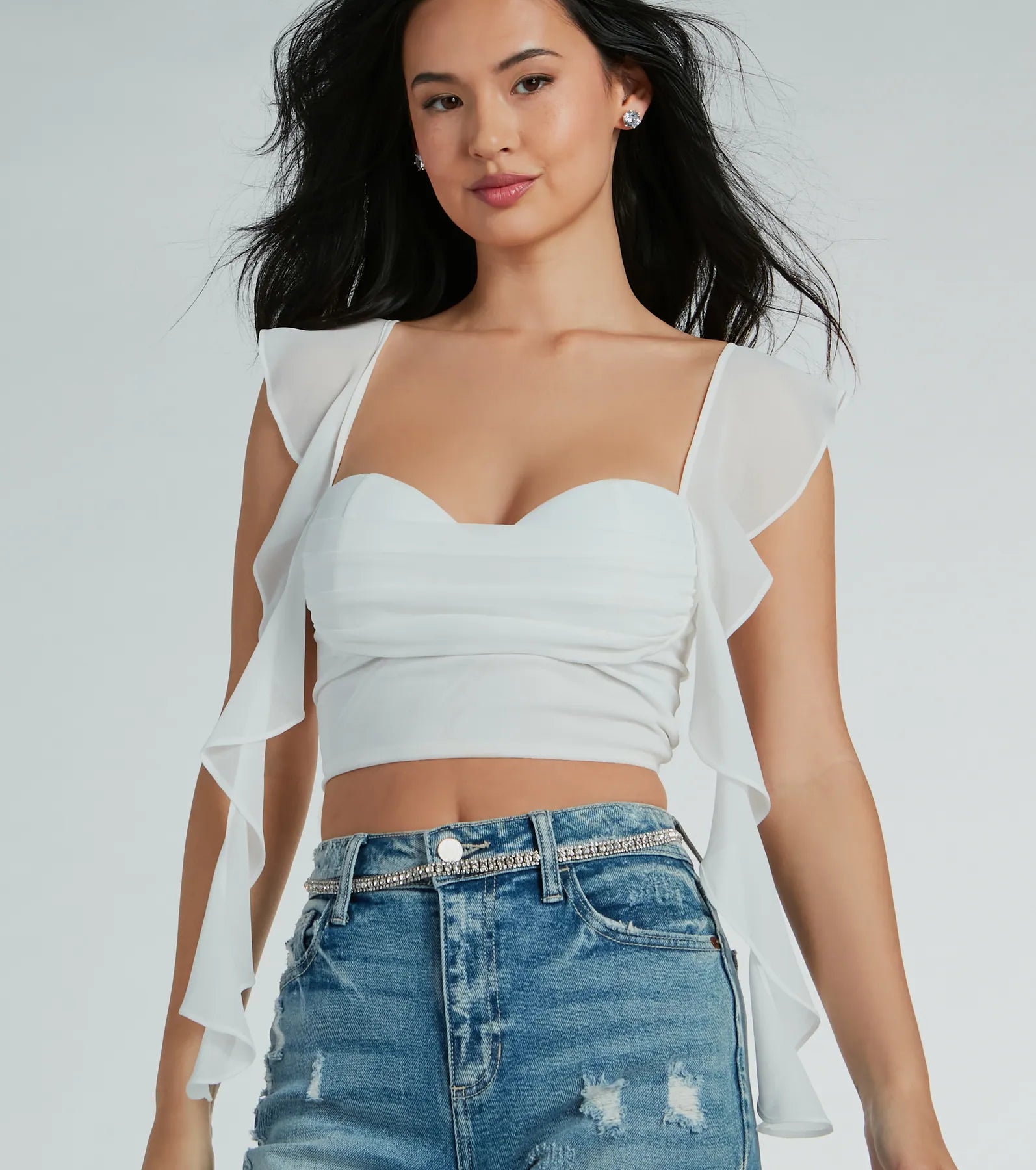 Ultimate Feminine Chic Ruched Chiffon Crop Top