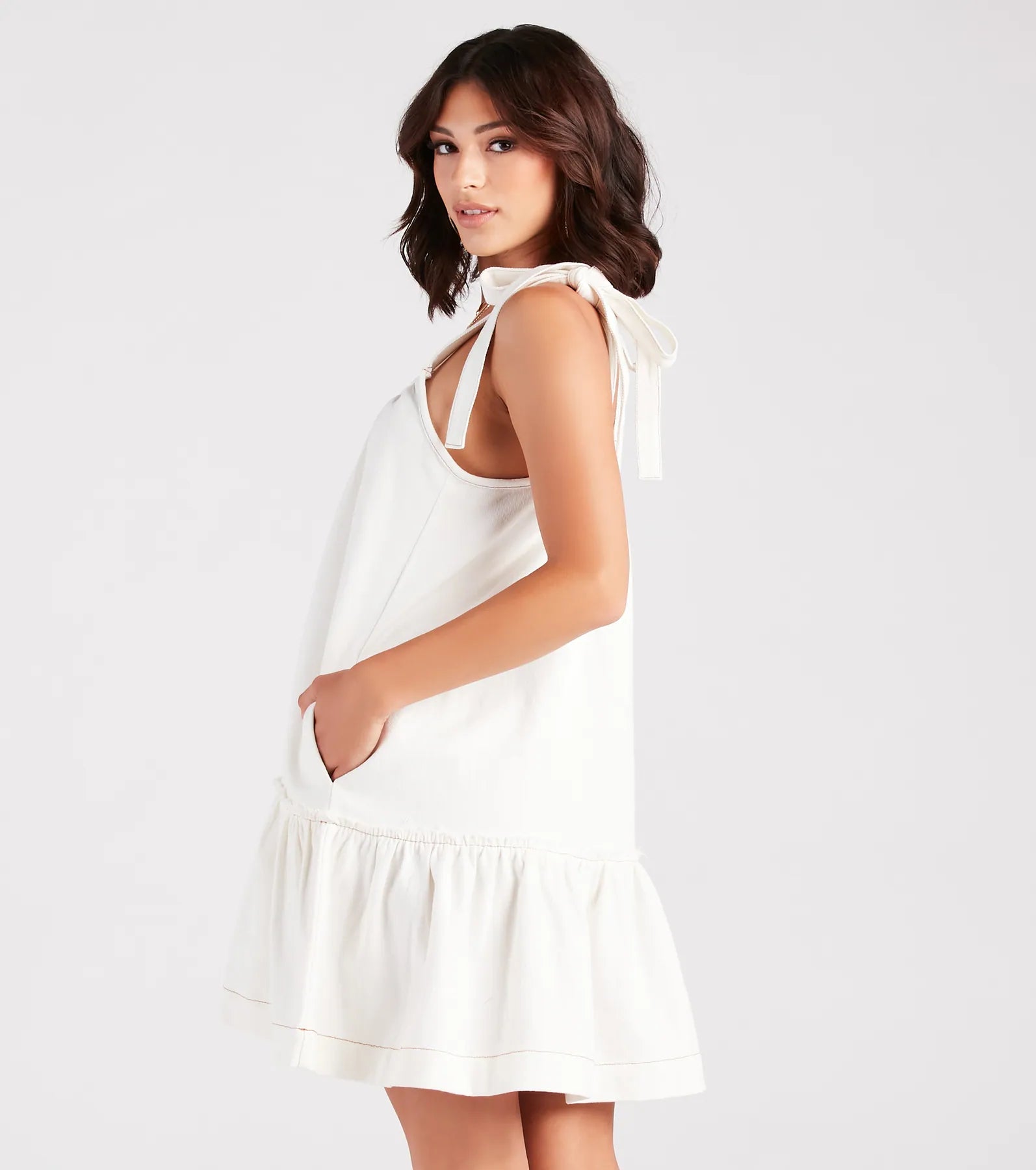 Premium Coastal Getaway Tie-Shoulder Ruffled Dress