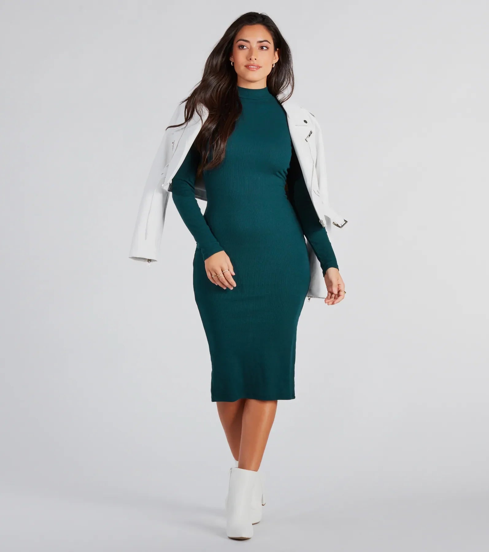 Premium Mock Neck Ribbed Midi Dress - Ultimate Comfort & Style