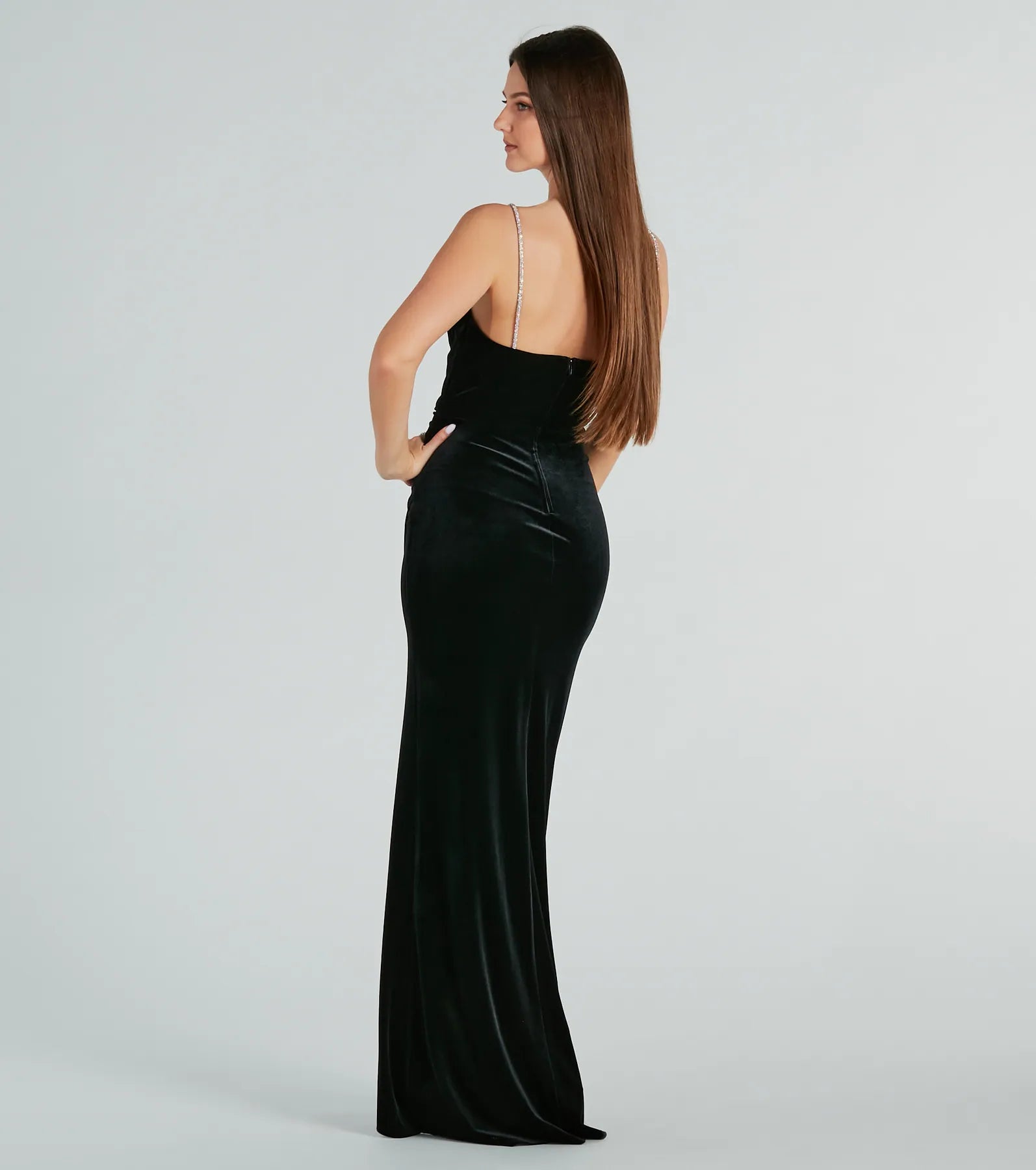 Elara Premium Velvet Evening Gown with Rhinestone Straps