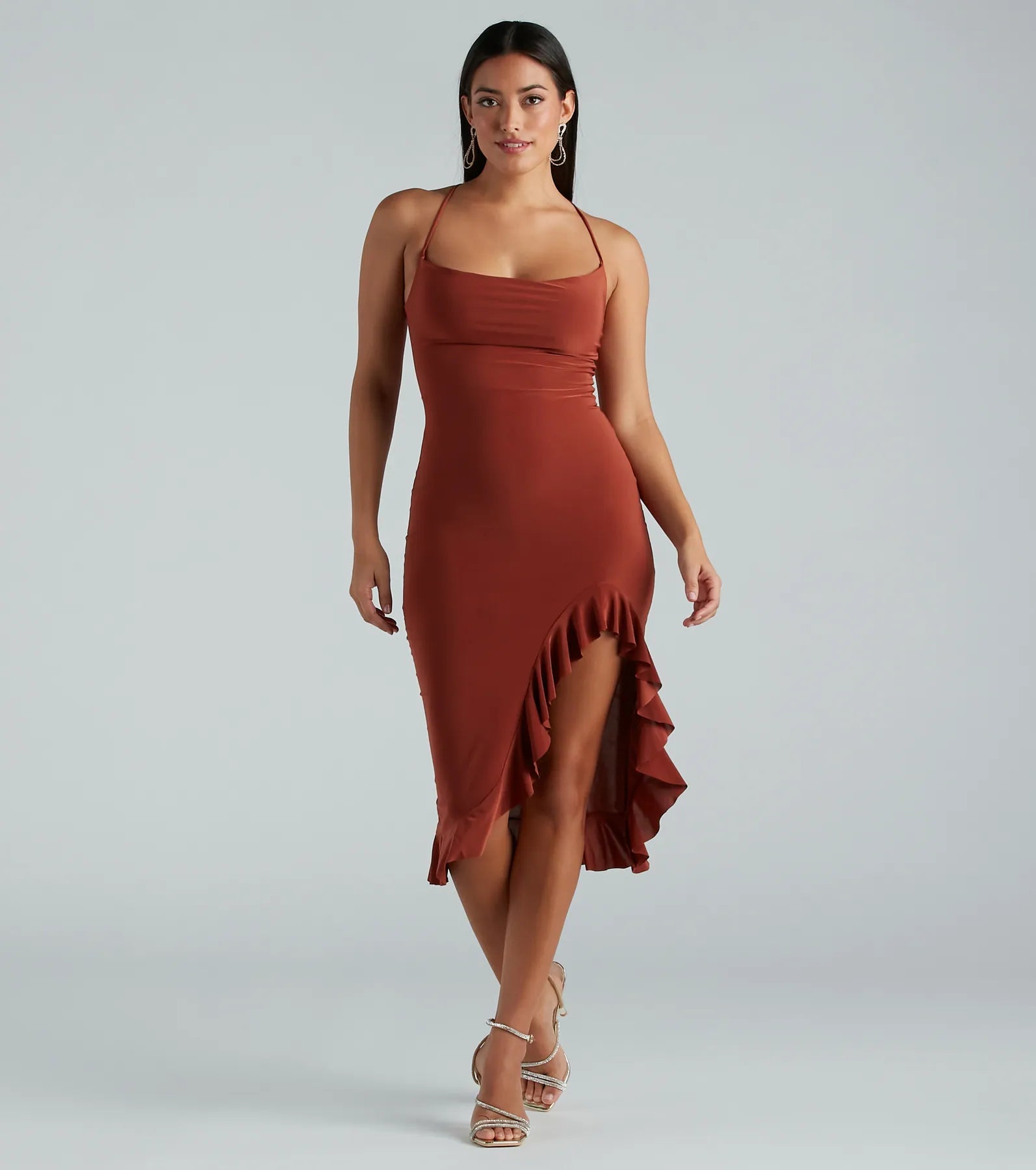 Ultimate Elegance: Premium Cowl Neck Ruffle Midi Dress