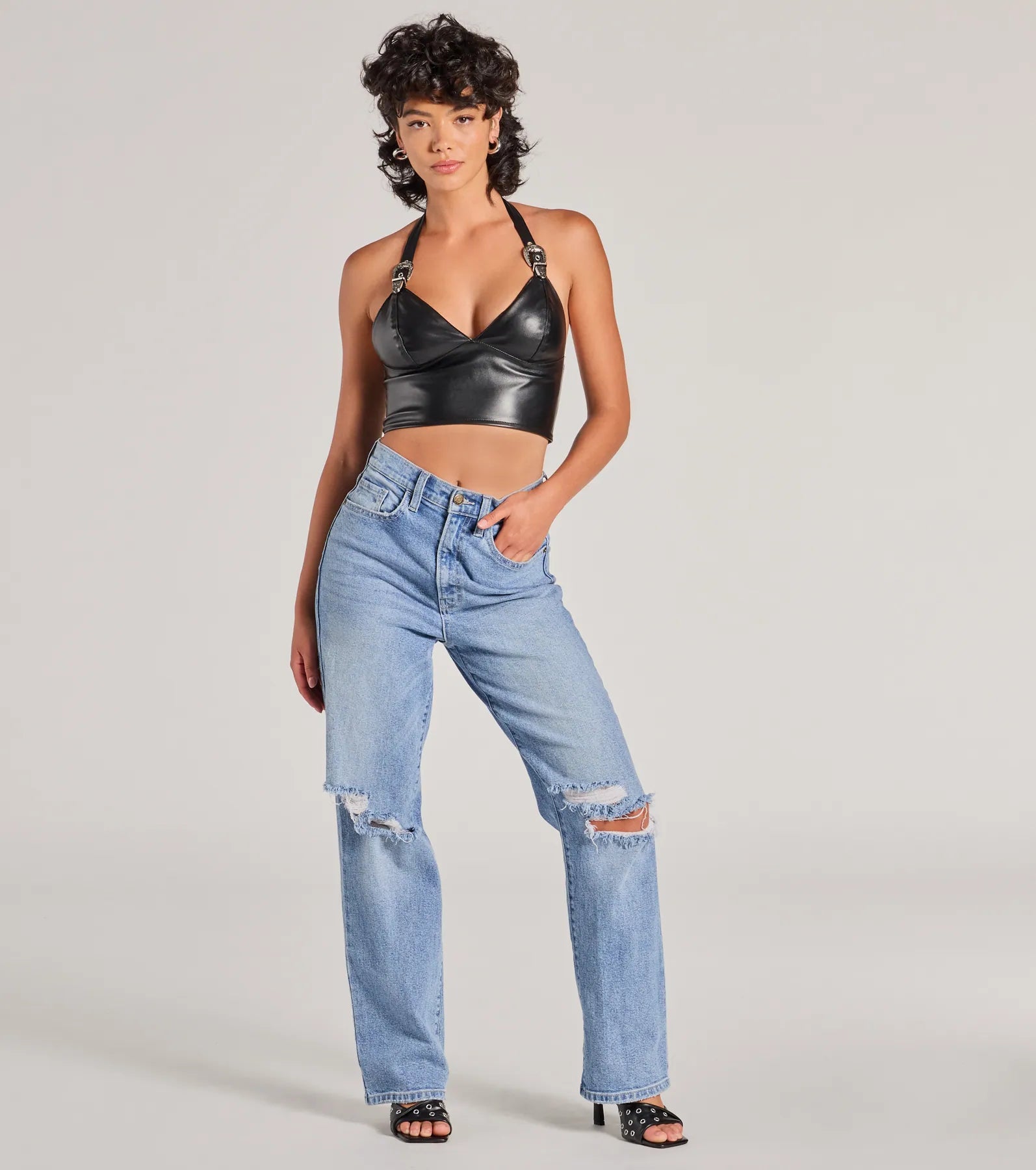 Premium Bold Buckle Halter Strap Faux Leather Crop Top - Ultimate Western Chic